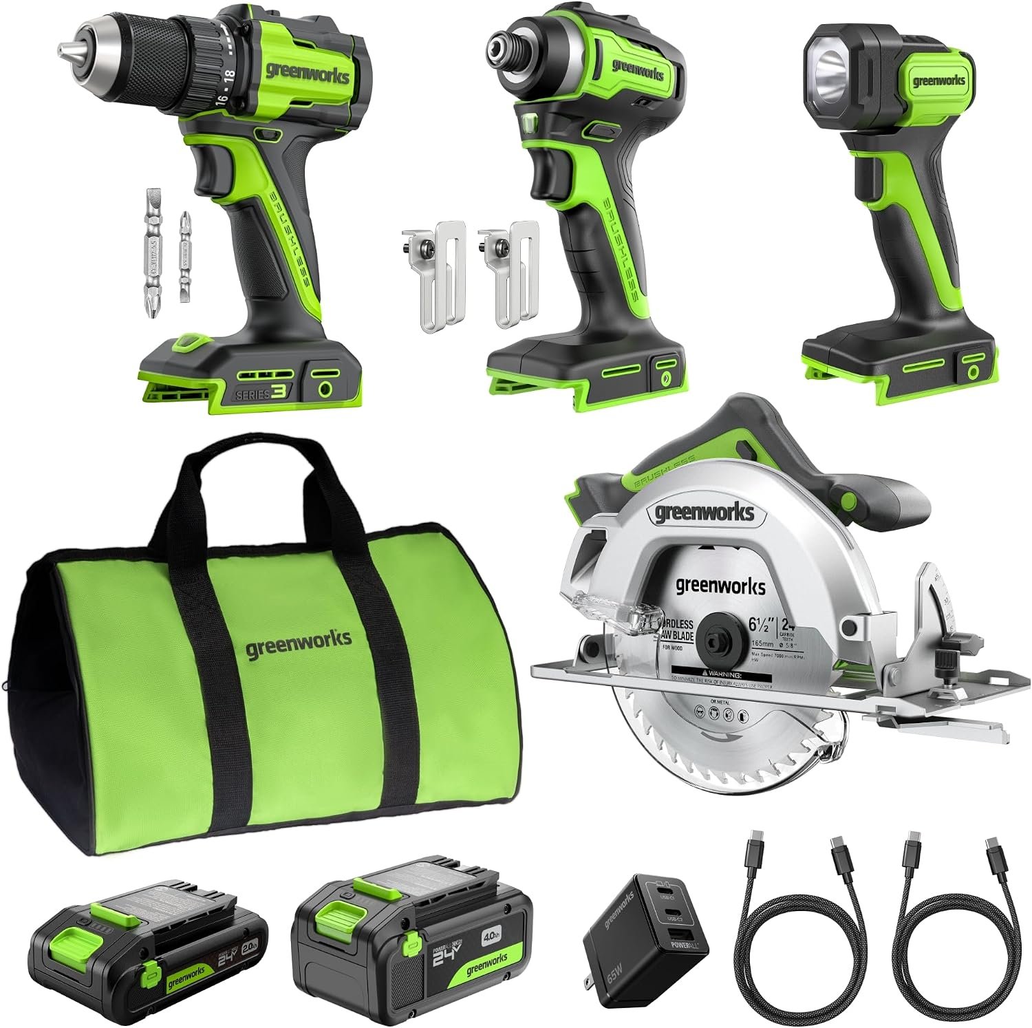 GREENWORKS 24V Combo (1/2” Drill + 1/4” Impact Driver + 6.5” Circular Saw + 200Lm Flashlight), 4.0Ah + 2.0Ah Batteries (24,000mAh PB), (2) Braided Cables, 65W Rapid Charger,High-Efficiency