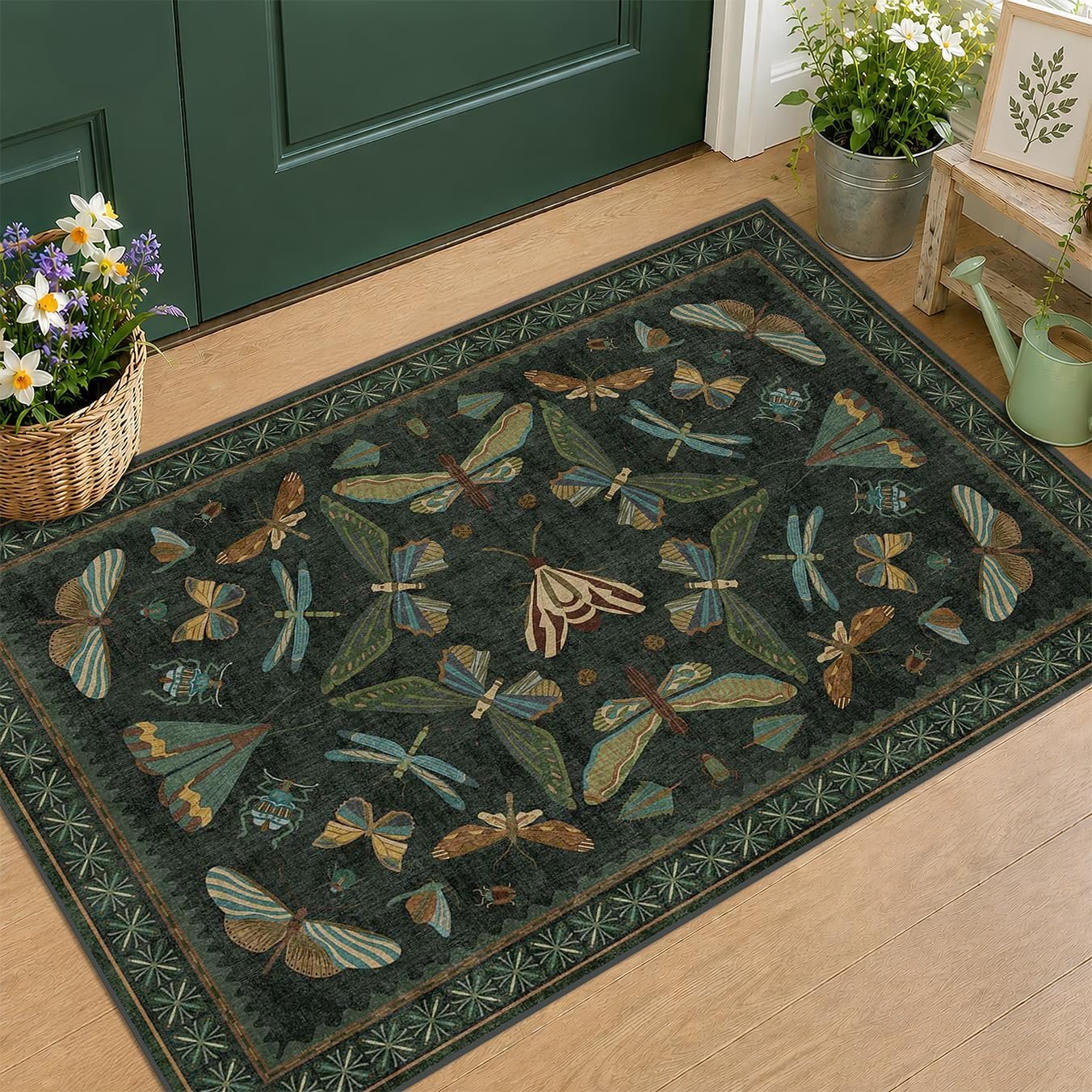 2×3 Entry Way Rugs Indoor – Dark Green Small Throw Rug for Kitchen, Bathroom, Insect Boho Design, Washable Non Slip Stain Resistant