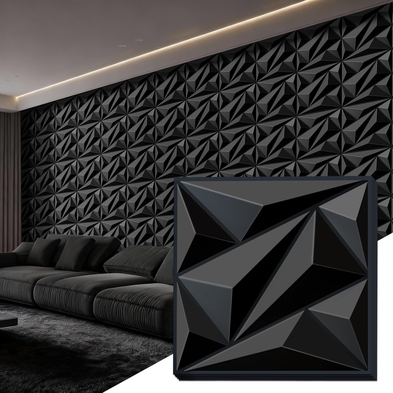3D Wall Panels Black PVC Wall Panels for Interior Decor 12″x12″ | 3D Black Wall Panels for Living Room, Bedroom, Gaming Room Decor, Lobby Office Accent Walls, 20 Pack Covers 19.Sq.Ft.