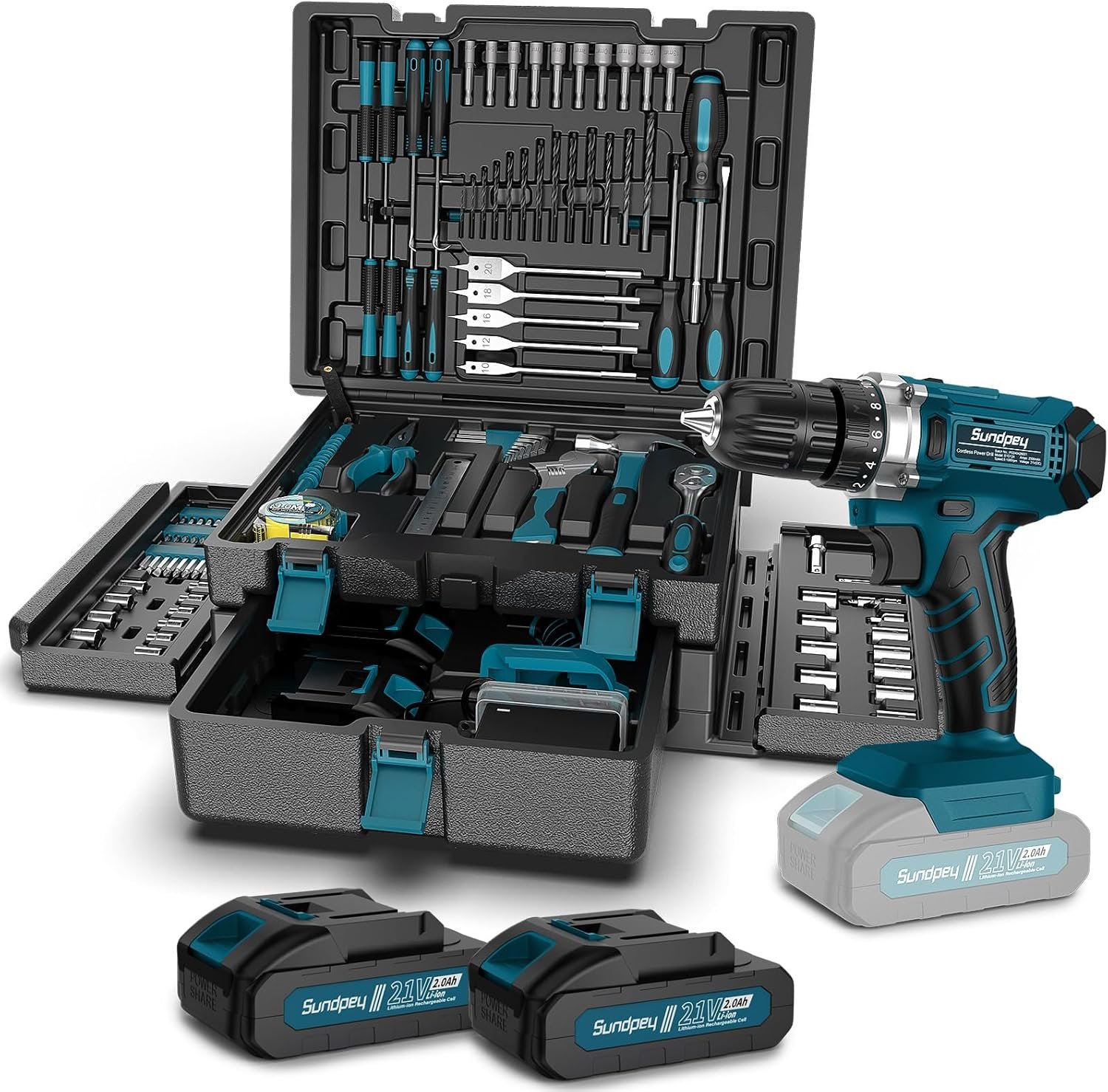Sundpey 255-PC Portable Home and Auto Tool Kit Set with 21V Cordless Drill | with Drawer Storage Case, 2×2.0Ah Batteries,Mechanic Set, for Handyman & Men Women, for Household House Garage Apartment Dorm