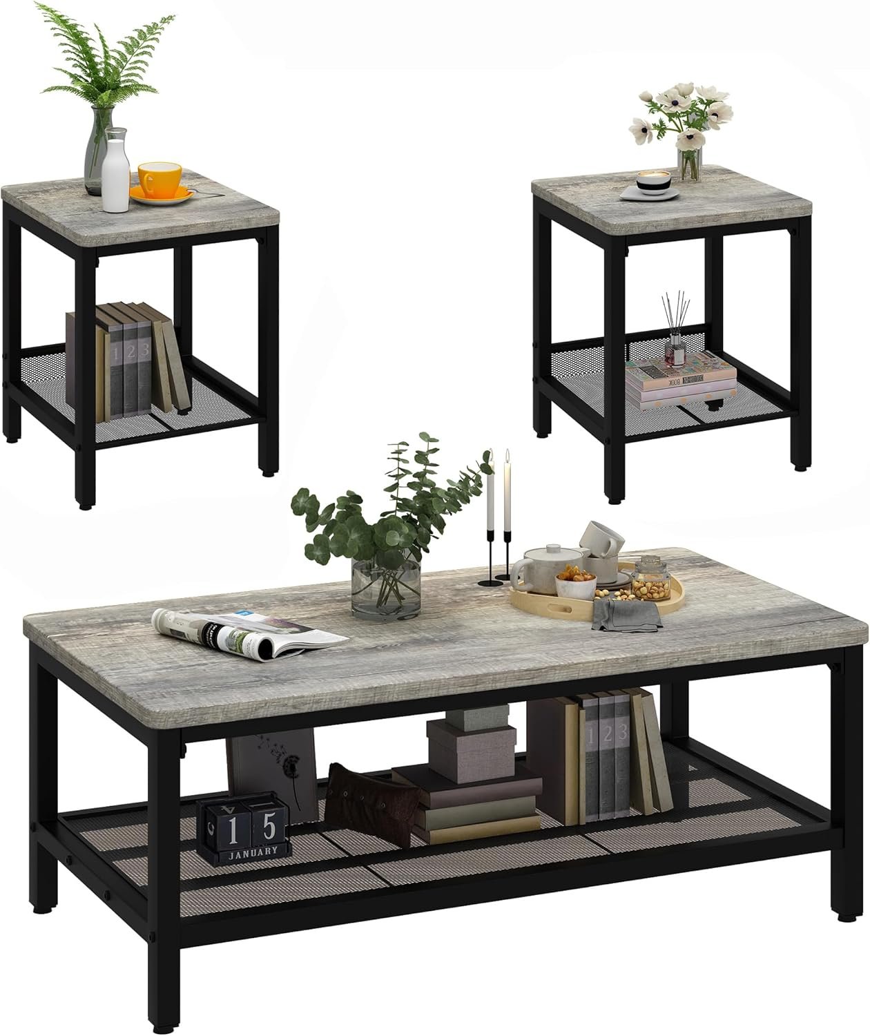 AWQM Coffee Table Set of 3, Coffee Table with 2 Square End Side Tables | Modern Living Room Table Set with Metal Frame for Apartment Home Office, (Gray)