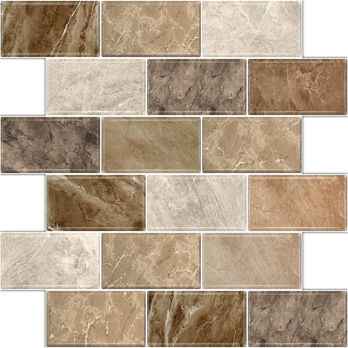 10 Sheets Peel and Stick Backsplash for Kitchen 12″X12″ Renter Friendly Backsplash Back Splash Adhesive Subway Wall Tile Flat Vinyl Sticker for Bathroom Brown Marble (Not 3D Tile)