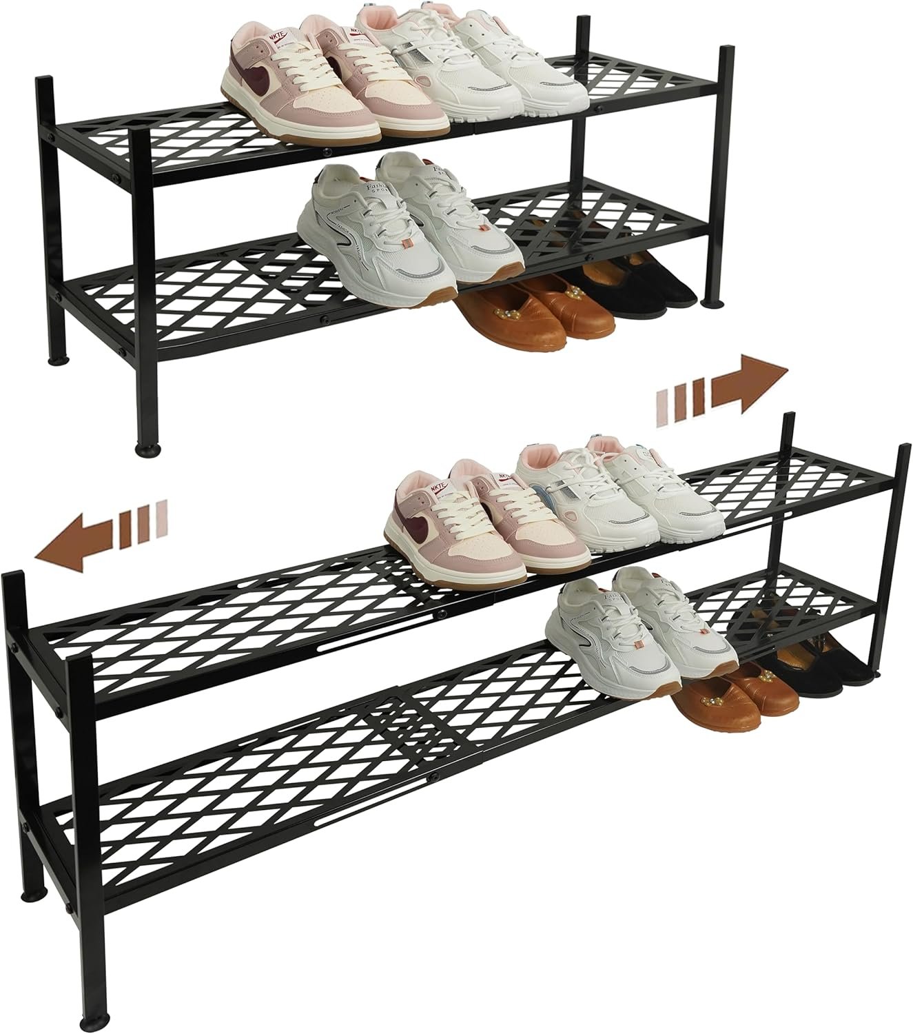 Shoe Rack, 45.6″ Expandable Shoe Storage Organizer for Closet – Stackable | 2-Tier Metal Long Shoe Shelf with Sturdy Wire Grid Shoe Stand Holder for Entryway, Garage, Bedroom, Door Entrance, Black