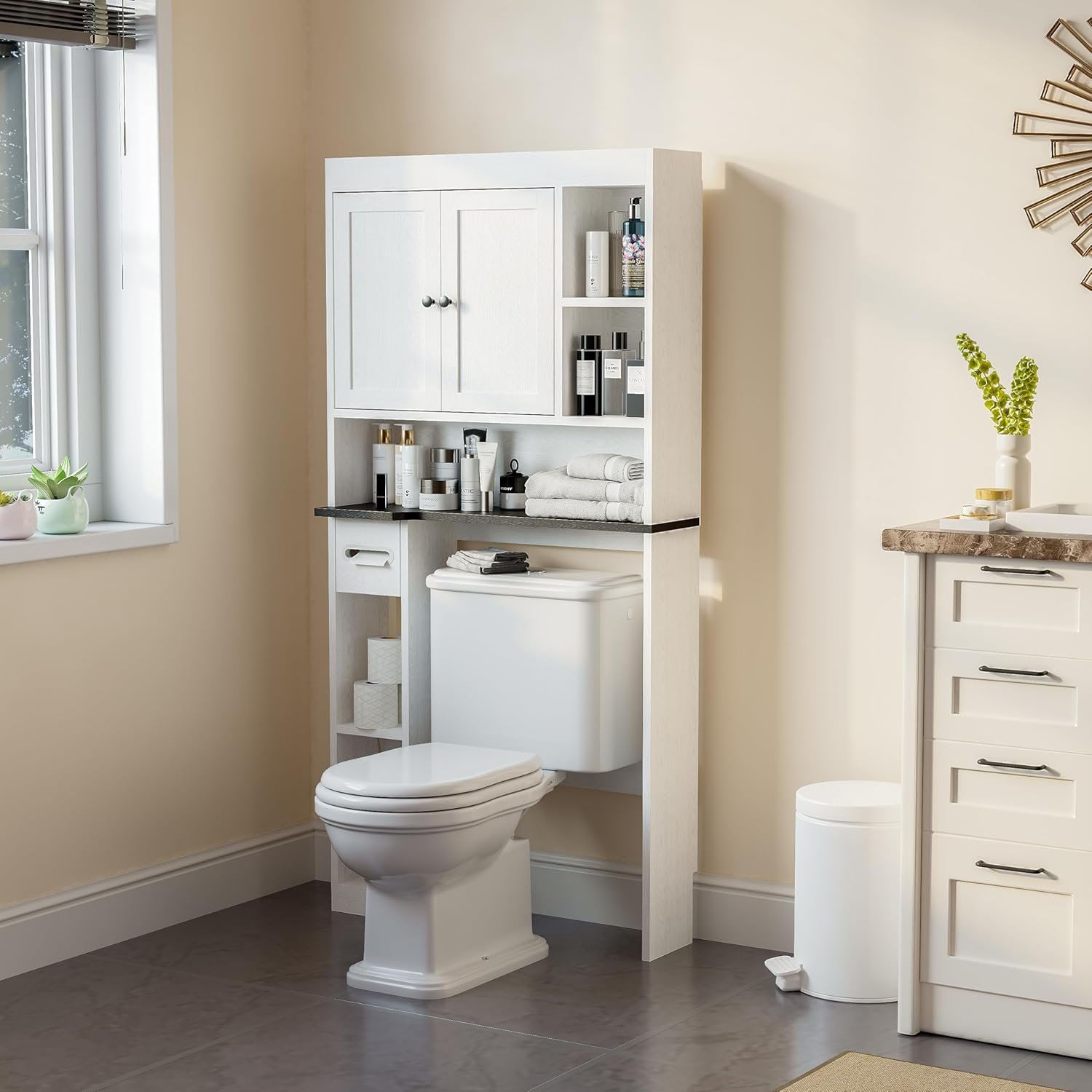 Over The Toilet Storage Cabinet with 7 Shelves, Imitation Walnut Grain Above Toilet Bathroom Organizer with Toilet Paper Holder Stand, Space Saver for Restroom, Laundry, Bathroom (White)