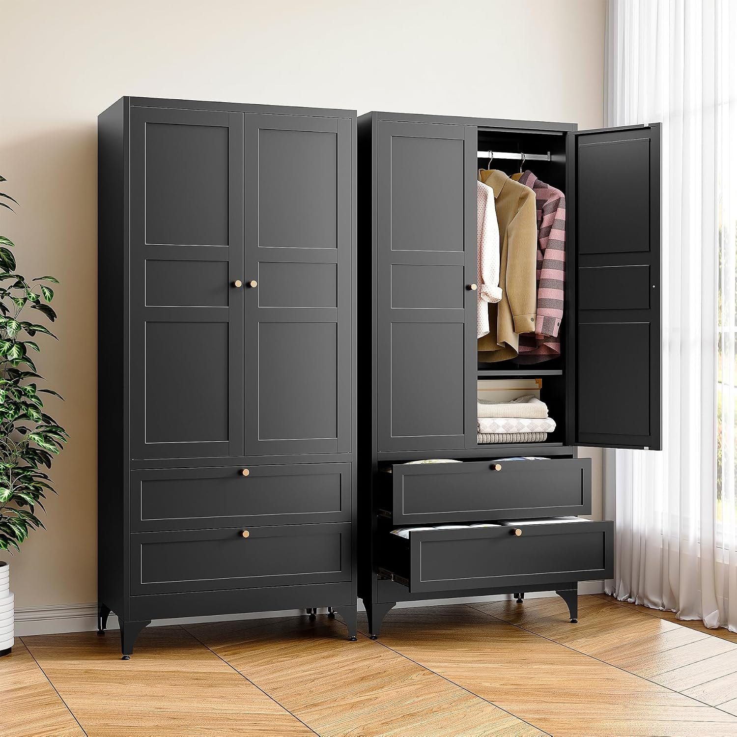 71″ Tall Metal Wardrobe Closet with 2 Drawers, Steel Armoire Cabinet with Hanging Rod and Adjustable Shelves, Freestanding Clothes Storage Organizer for Bedroom(Black, with 2 Drawers)