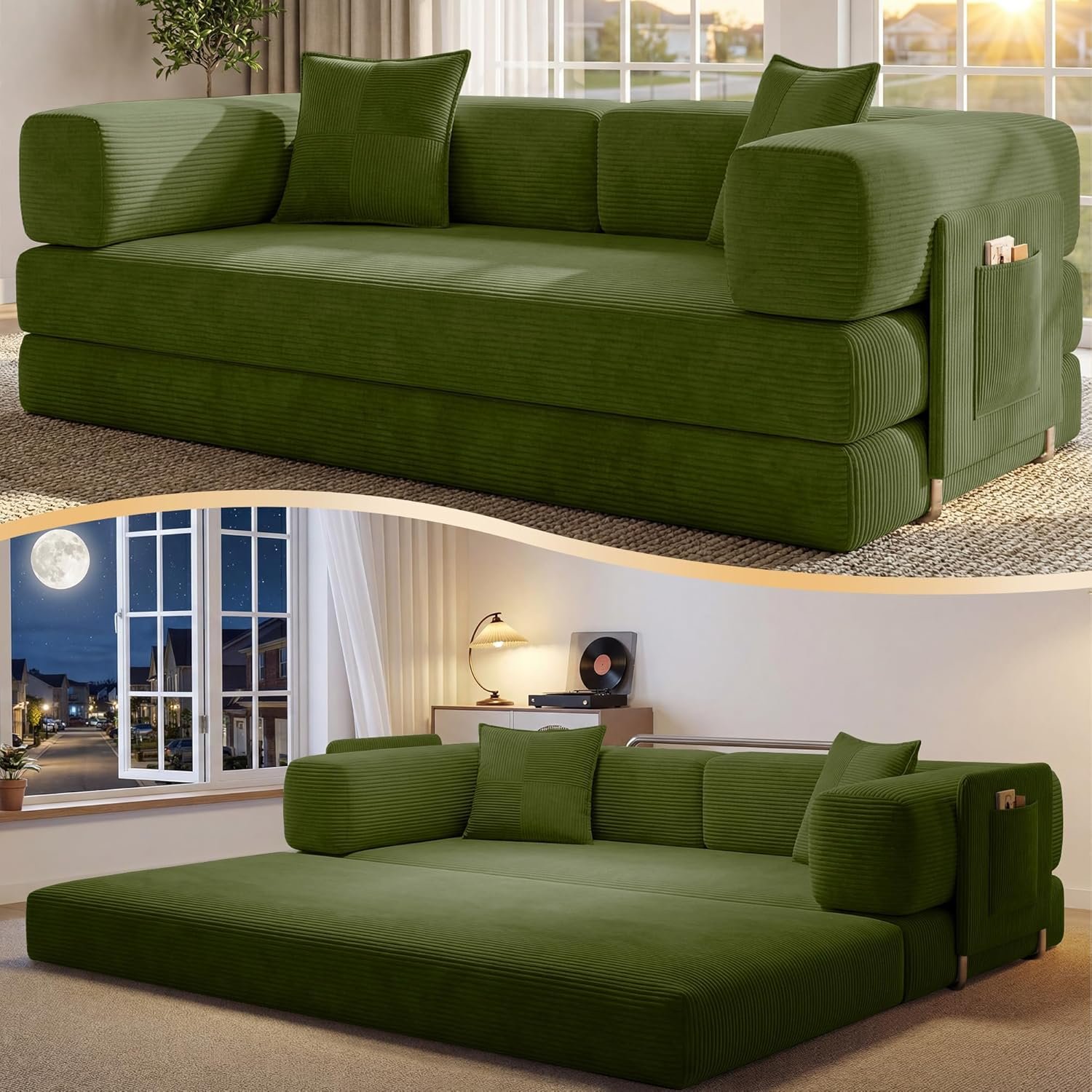 78.8″ Convertible Futon Sofa Bed, Boneless Couch for Living Room | Corduroy Boneless Loveseat Sleeper Sofa, Modular Futon Couch with Storage Pocket, Pull Out Couch No Assembly | Green
