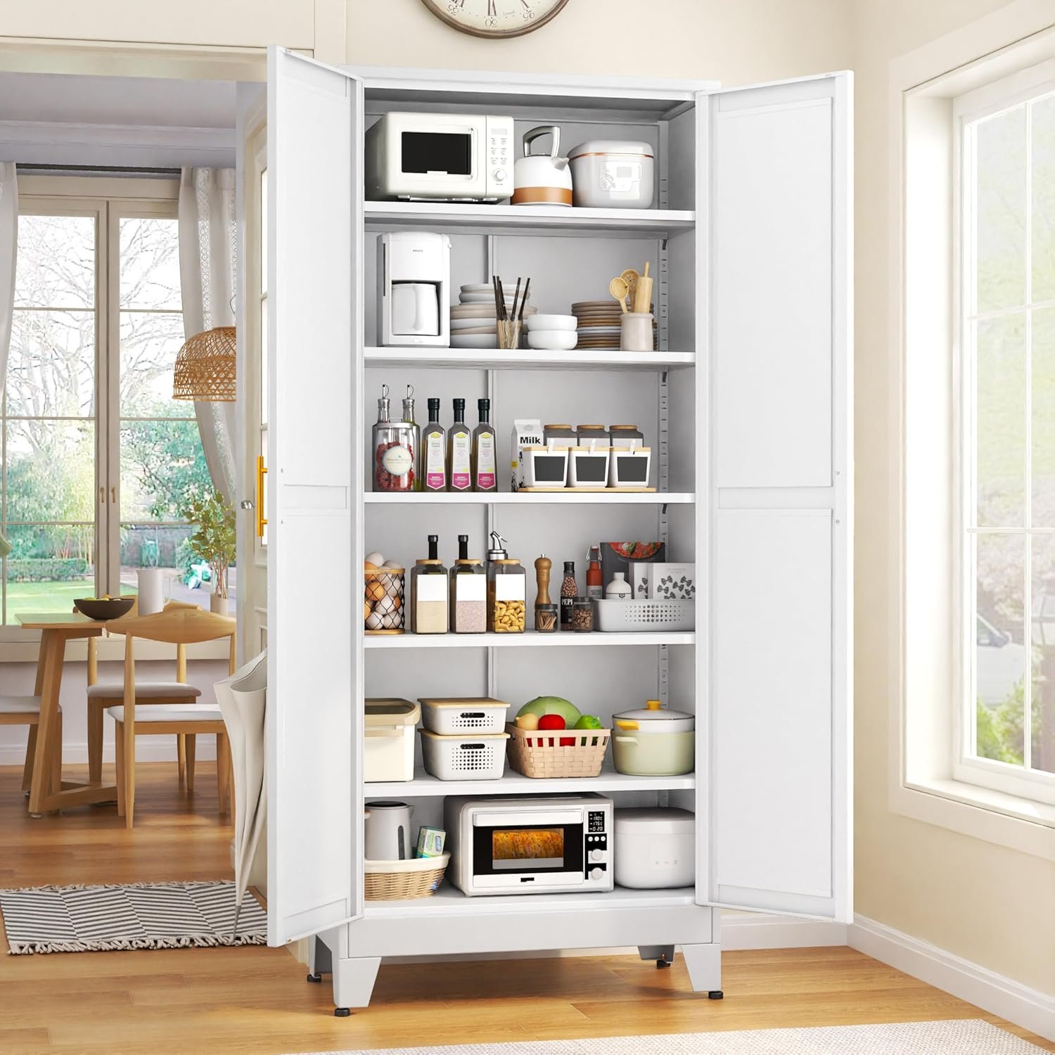GAIOUS 75.2″ Tall Metal Kitchen Pantry Storage Cabinets with 2 Door and 5 Adjustable Shelves, Cupboard for Kitchen, Dining Room, Living Room and Bathroom, White