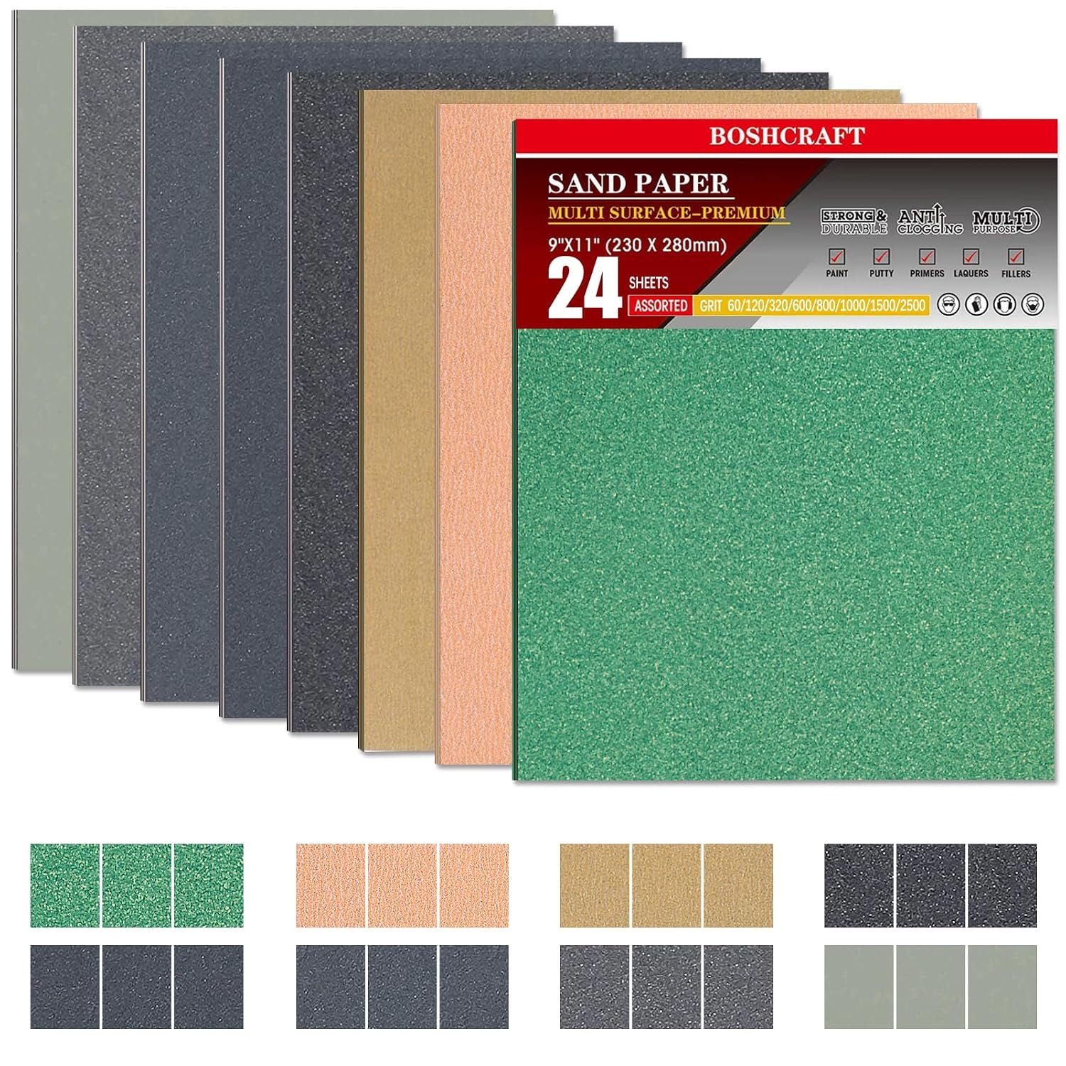 BOSHCRAFT 24 PCS 9″ x 11″ Wet Dry Sand Paper Assortment for Wood Metal Automotive – 3 Sheets Each of 60/120/320/600/800/1000/1500/2500 Grit, Aluminum Oxide & Silicon Carbide for Multi-Surface Sanding