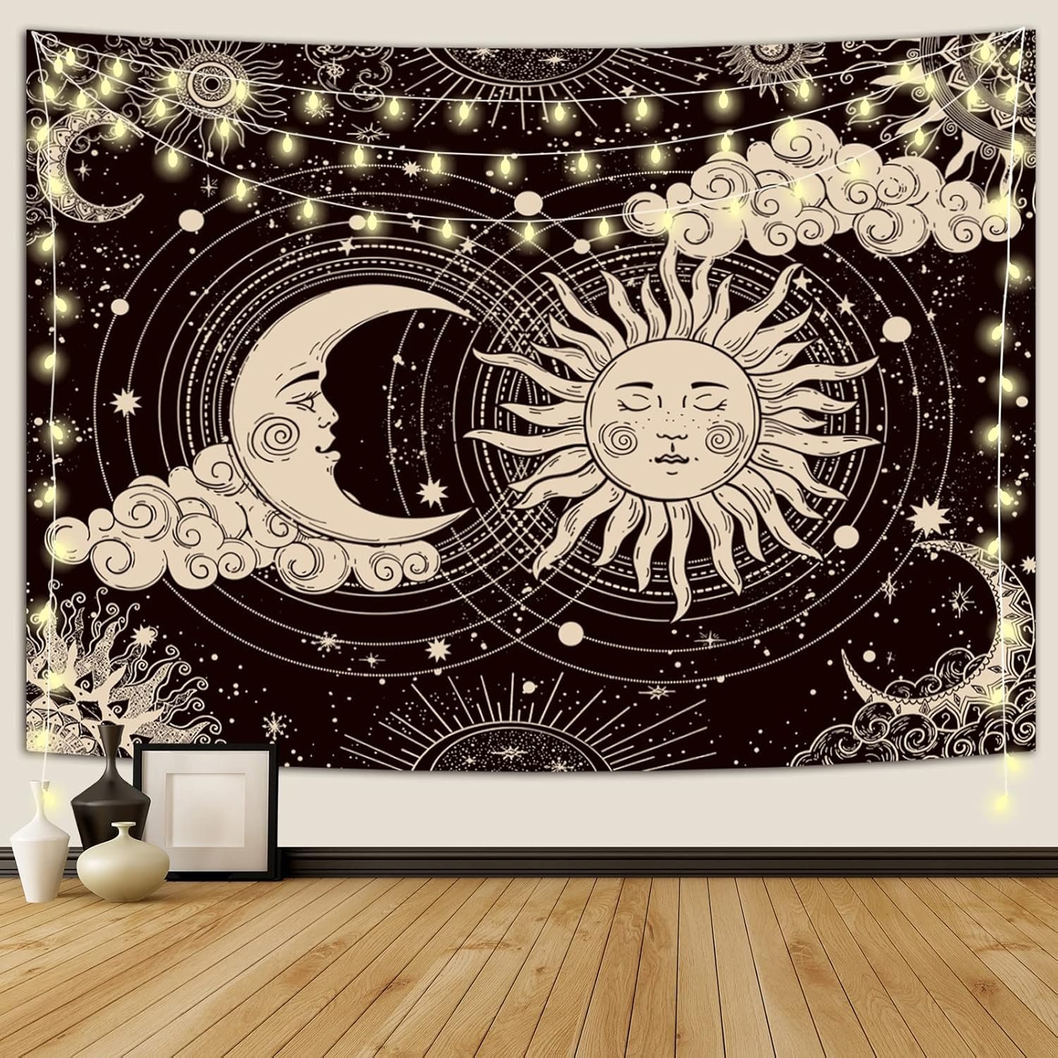 Wonrizon Sun and Moon Tapestry, Aesthetic Black Dark Spiritual Tapestries Mystic Burning Sun with Clouds Star Wall Hanging decor for Bedroom (51.2″ x 59.1″)