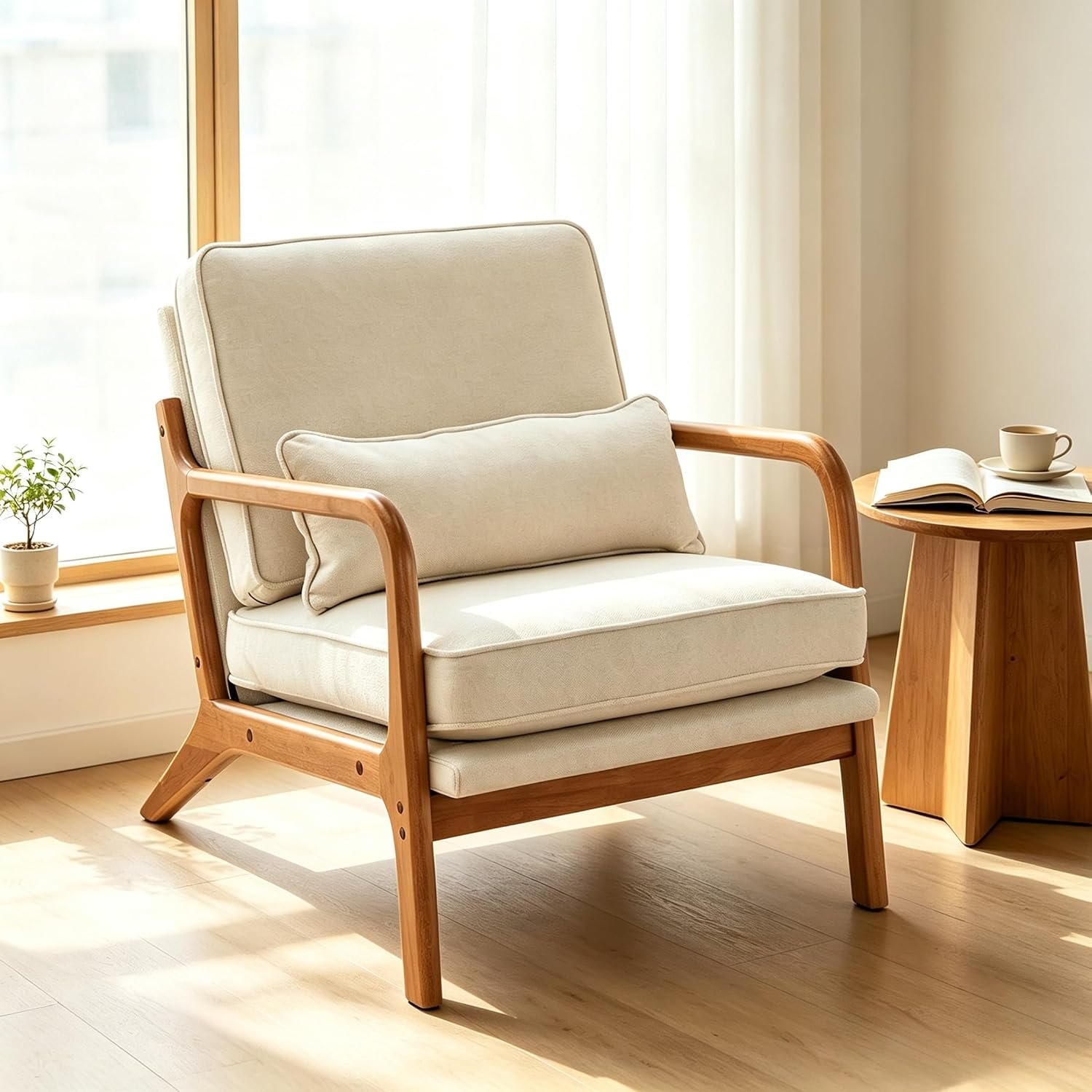 Karl home Mid-Century Modern Accent Reading Chair, Beige | Linen Upholstered, Solid Wood Frame, Soft Cushion, Lumbar Pillow, Lounge Armchair for Living Room, Bedroom, Balcony, Study