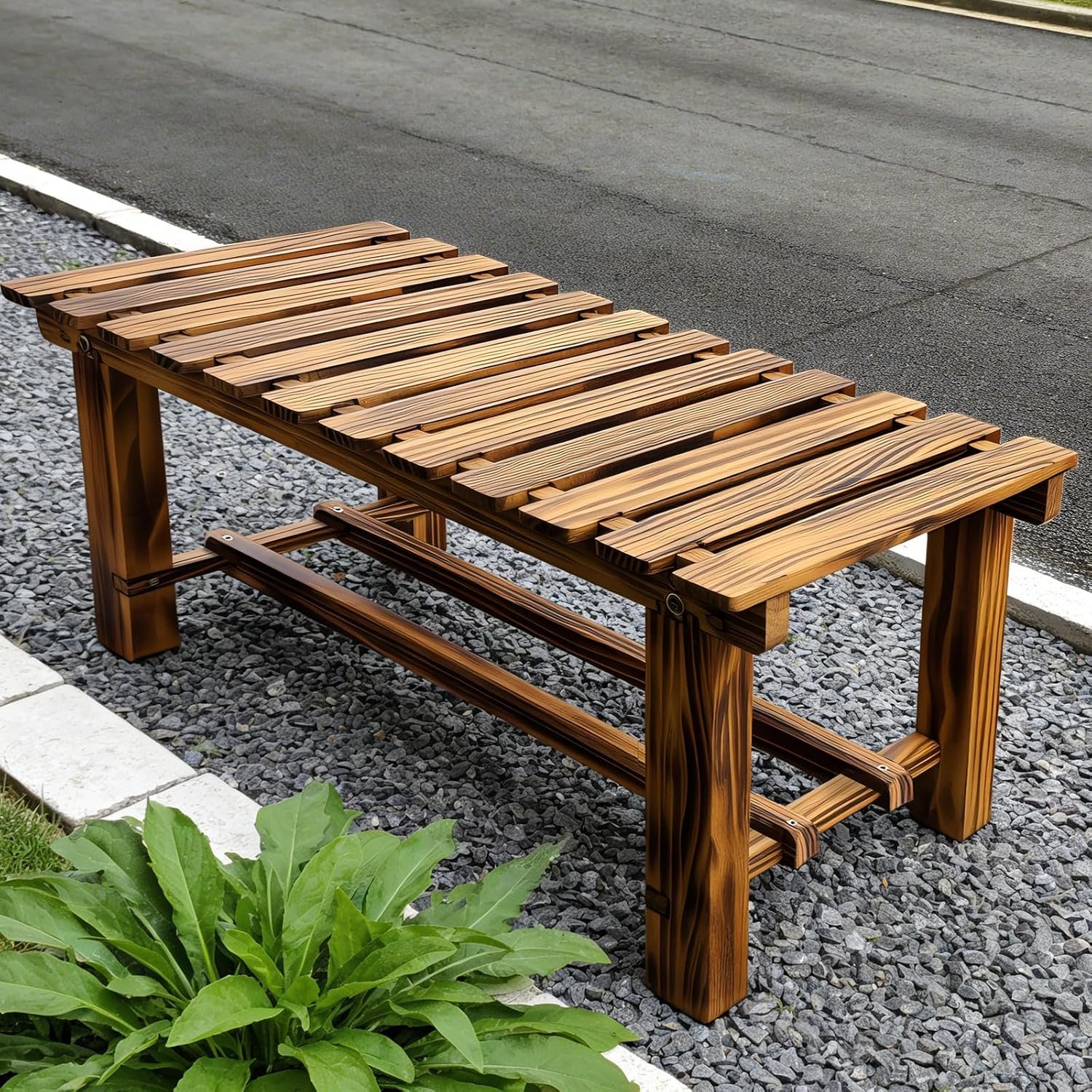35.5″ Outdoor Garden Bench, Weatherproof 2-Person Backless Wooden Bench with Mortise-Tenon Structure – for Garden, Lawn, Porch, Backyard （Brown​