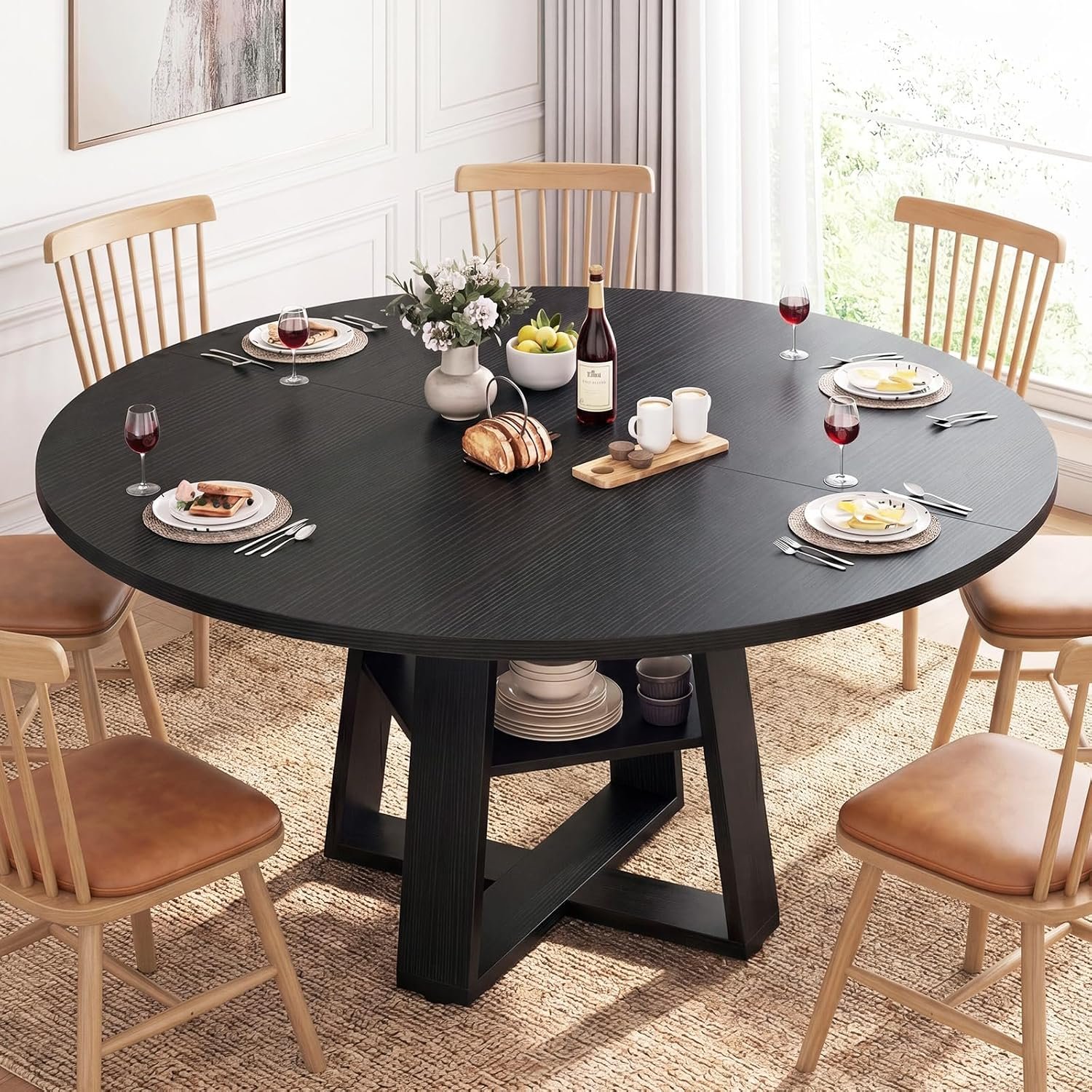 DUMOS Extendable Round Dining Table for 4-8, Kitchen Table Storage Shelf | Extendable Oval Wood Pedestal Base, Space Saving Modern Style for 4-8, Black