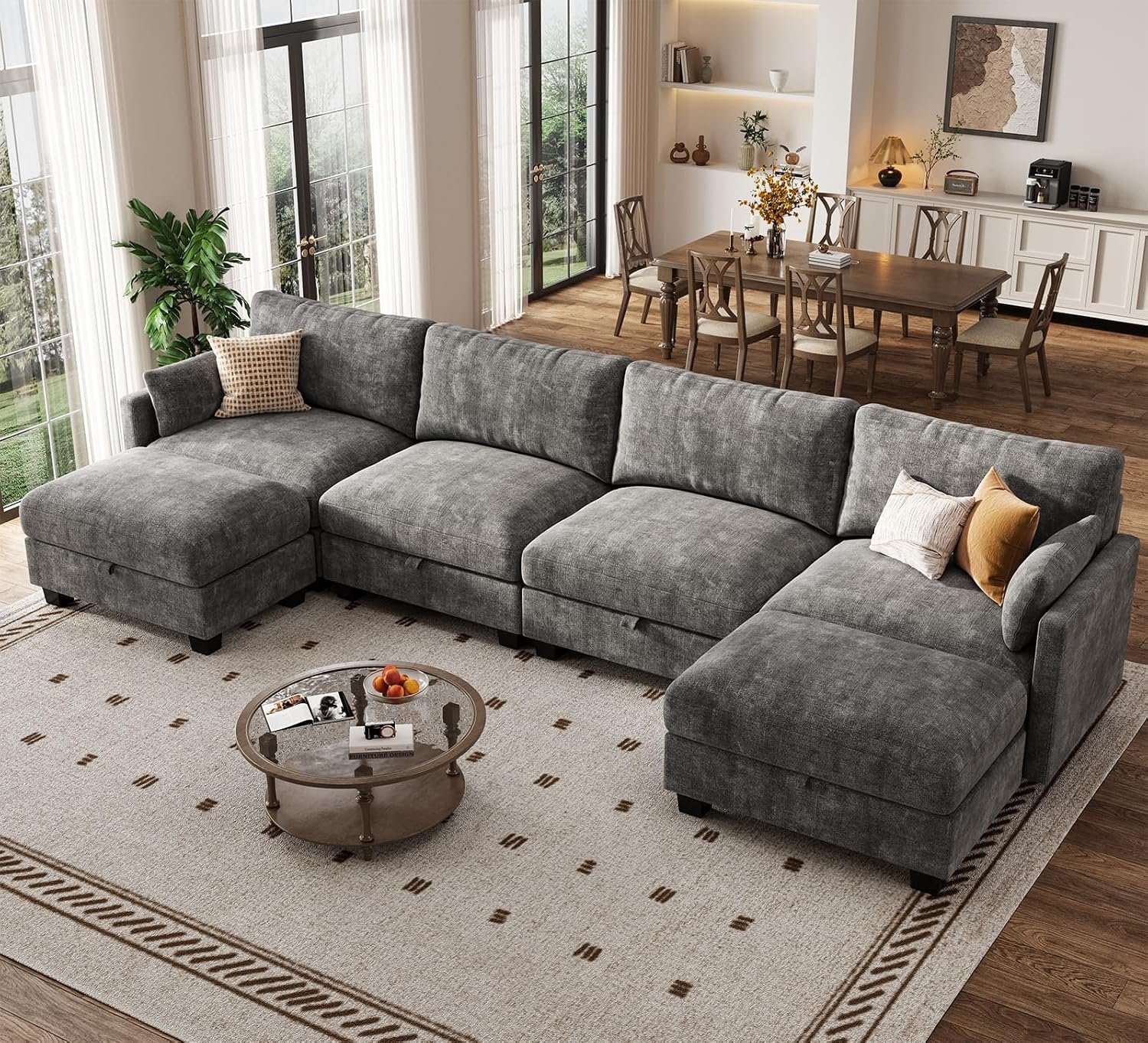 Modular Sectional Sofa, 132″ U Shaped Couch with Storage | High Resilience Foam, 22″ Seat Depth, Movable Ottoman, Comfy Chenille, Easy Assembly, Dark Gray