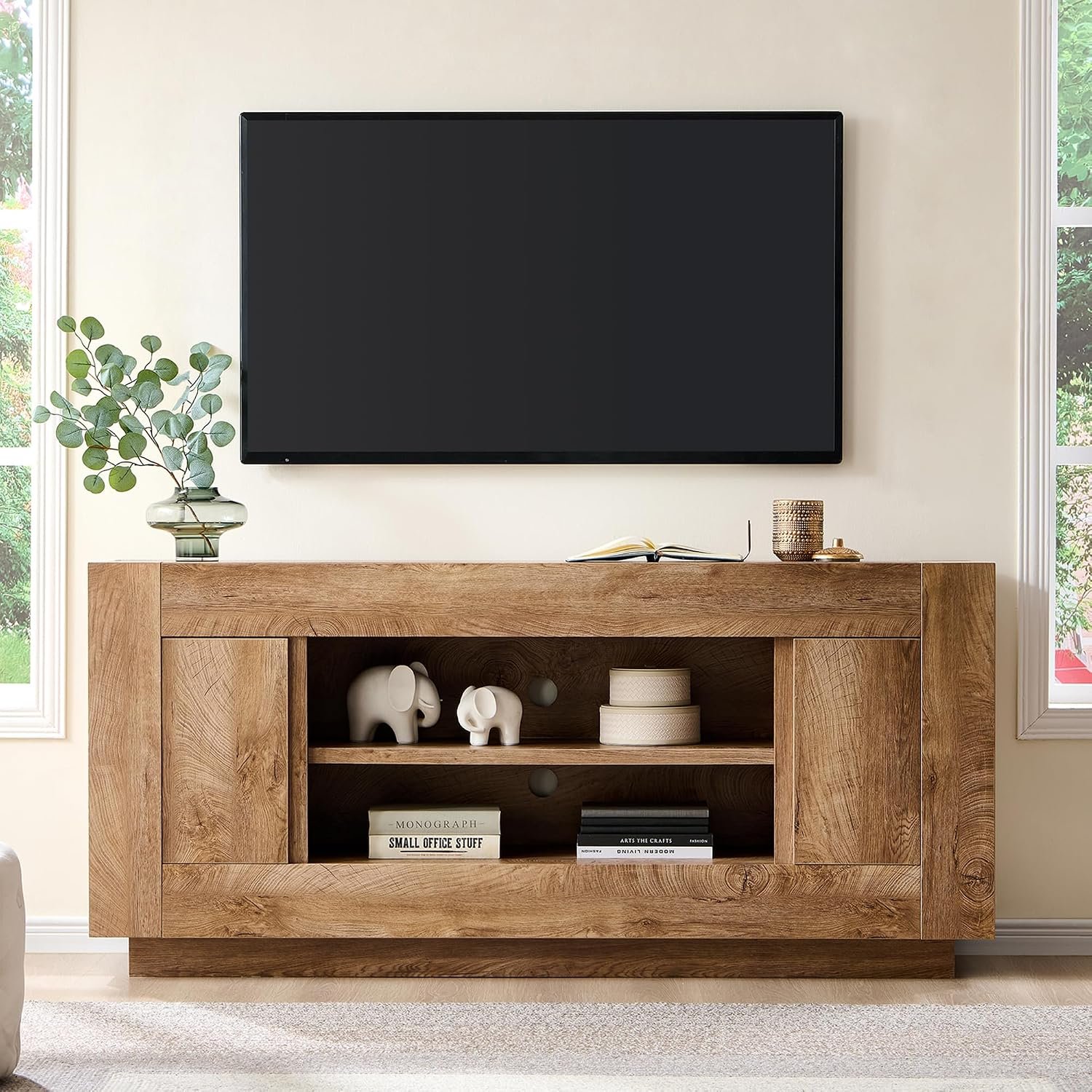 OKD Modern 70″ TV Stand, Entertainment Center for TVs Up to 80″, Media Console with Large Open Storage & Side Cabinets, Thick Wood Design for Living Room, Light Knotty Oak