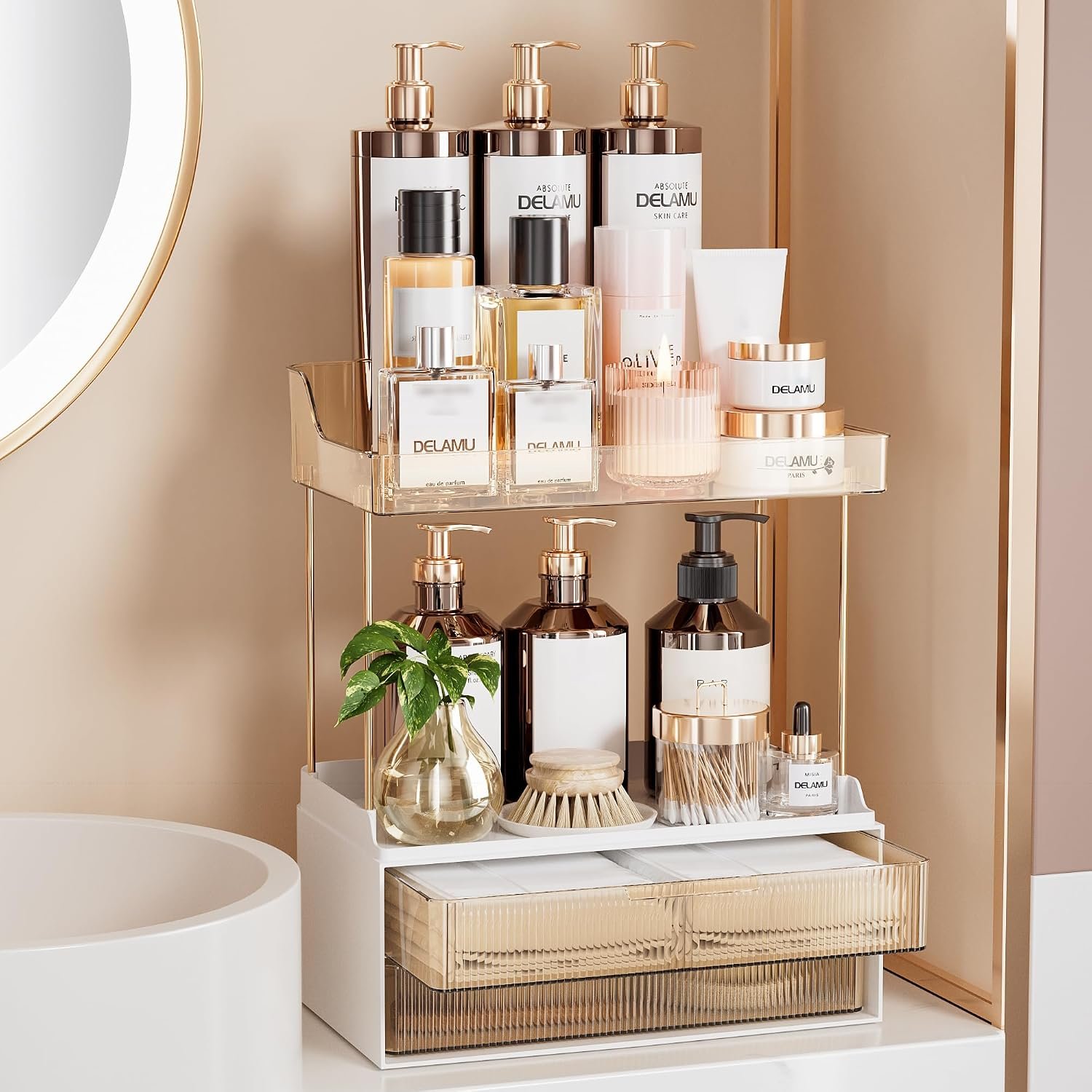 Delamu 4-Tier Makeup Organizer, Bathroom Counter Storage, 2 Drawers, Amber | Elegant Vanity Organizer Gift for Women, Holds Perfume, Skincare, Nail Polish & Hair Accessories for Bathroom Countertop