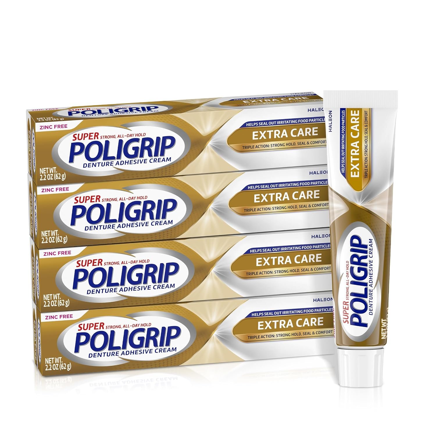 Super Poligrip Extra Care Denture Adhesive Cream, Zinc Free Denture Cream – 2.2 Ounce (Pack of 4)