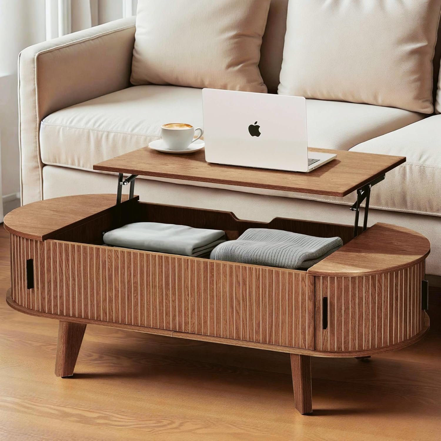 Oval Lift Top Coffee Table with Storage, 47.2″ Mid Century Modern Living Room Center Table with 180° Sliding Tambour Door, Wood Fluted Coffee Table for Home Office, Walnut
