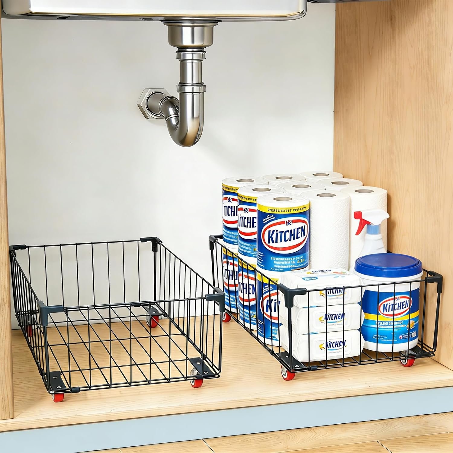 2Pack, Under Sink Organizer,Cabinet Organizers and Storage, Metal Storage Basket,Large capacity, Can Hold 40-70 Liters, Easily Push And Pull, Convenient For Cleaning Under Sink
