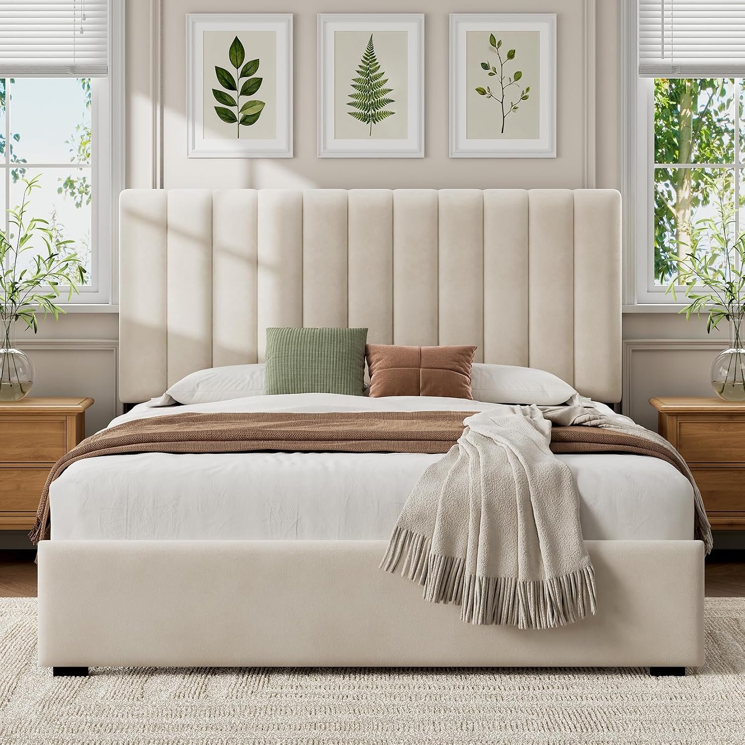 Welzona Queen Upholstered Bed Frame with Headboard, Velvet Upholstered Metal Platform Bed with Vertical Channel Tufted Headboard, 3-Level Height, Metal Slat Support, Noise-Free Easy Assembly, White