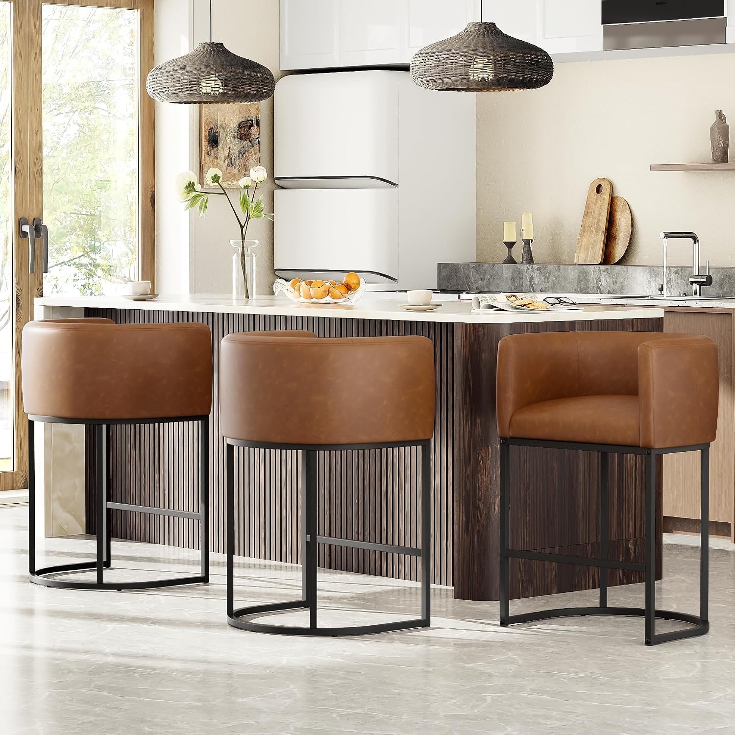 26″ H Counter Height Bar Stools Set of 3, Modern Barrel Counter Stools with Backrest and Arms, Faux Leather Upholstered Accent Barstools for Kitchen Island,Support 450 LBS (Walnut Brown