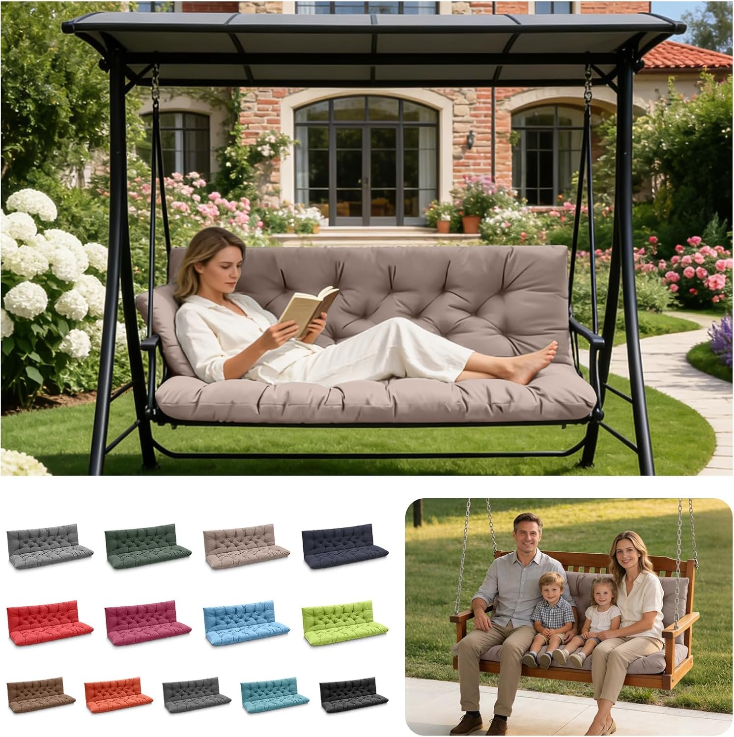 Porch Swing Cushions, Outdoor Swing Replacement Cushions 3 Seater with Backrest, Waterproof Bench Cushion with Ties,for Patio,Porch, Garden,Backyard