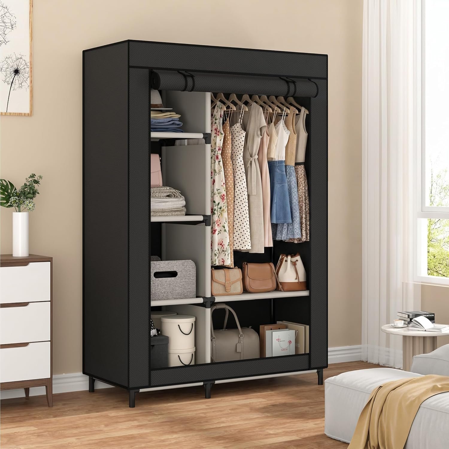 Calmootey Portable Closet Organizer, Space-Saving Storage System for Home | Sturdy Rod for Coats, 6 Shelves for Folded Clothes, 4 Side Pockets for Small Items, Non-Woven Dustproof Cover, Black