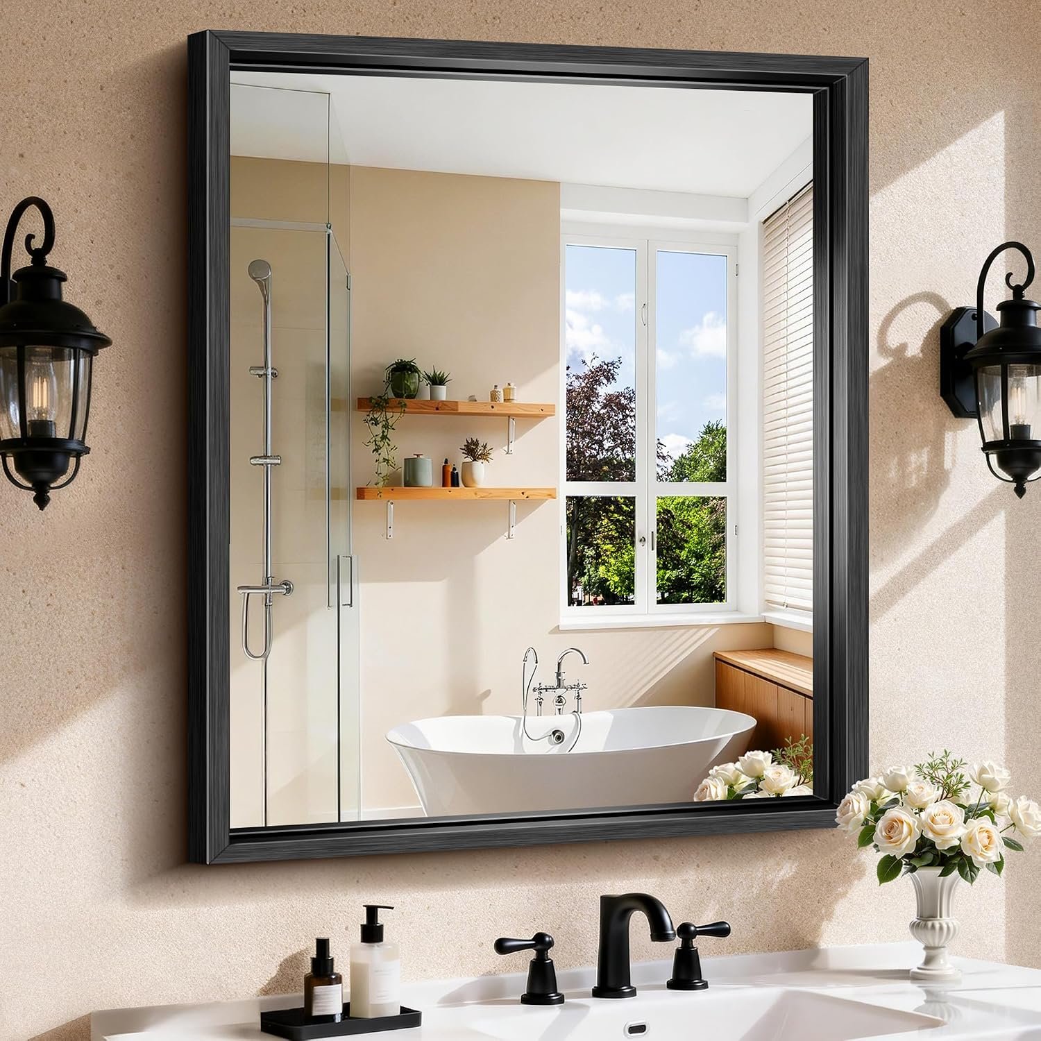CIRCUMI 30″x36″ Brushed Black Mirror with Chunky Box Metal Frame, Bathroom Mirror for Vanity Remodel & New Home, Living Room, Entryway, Rectangular Wall Mirror, Tempered Glass, Vertical or Horizontal