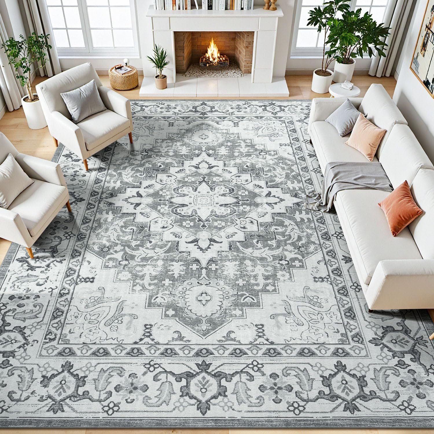8 x 10 Area Rugs for Living Room- Machine Washable Area Rugs Boho Faux Wool Low Pile Area Rug for Bedroom, Floral Medallion Vintage Rugs with Non-Slip Rubber, Kid & Pet Friendly, Grey White | Boho Low Pile Area Rug for Bedroom, Floral Medallion Vintage Carpets with Non-Slip Rubber, Kids Pet Friendly, Fit All Vacuums
