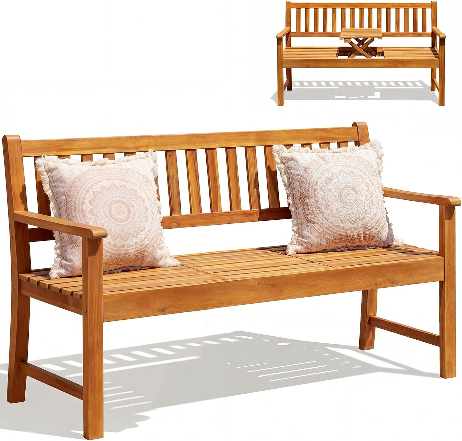 Devoko Acacia Wood Outdoor Bench, 2-Person Garden Bench with Pull-Out Table | Sturdy Patio Bench Porch Bench, Wooden Bench Outdoor with Height-Adjustable Table for Backyard, Balcony, Patio (Log Color)