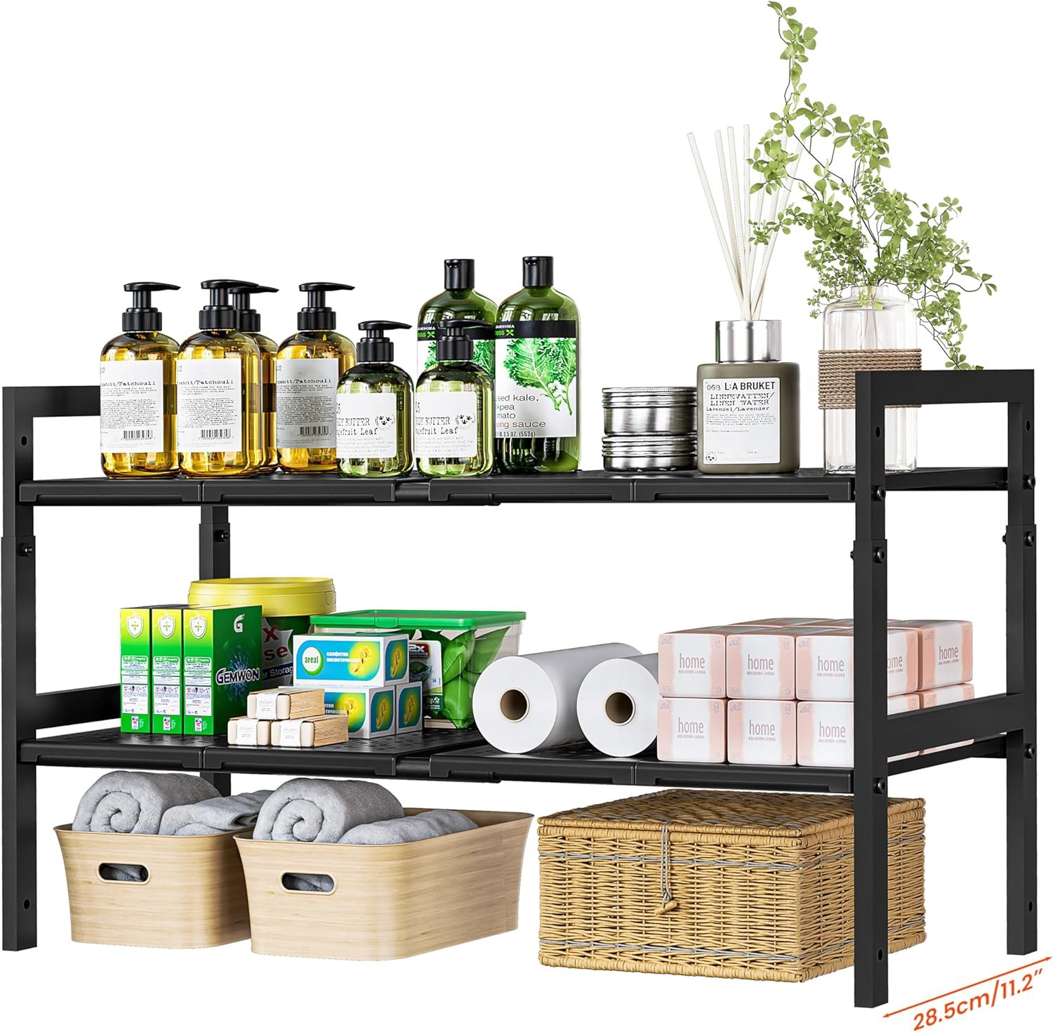 Under Sink Organizer and Storage 16.5″-30.7″ Expandable Length, Adjustable Height Max 16.7″ Under Sink Shelf 2 Tier with Removable ABS Panels Metal Frame for Bathroom Kitchen Pantry Cabitnet Pot Pan
