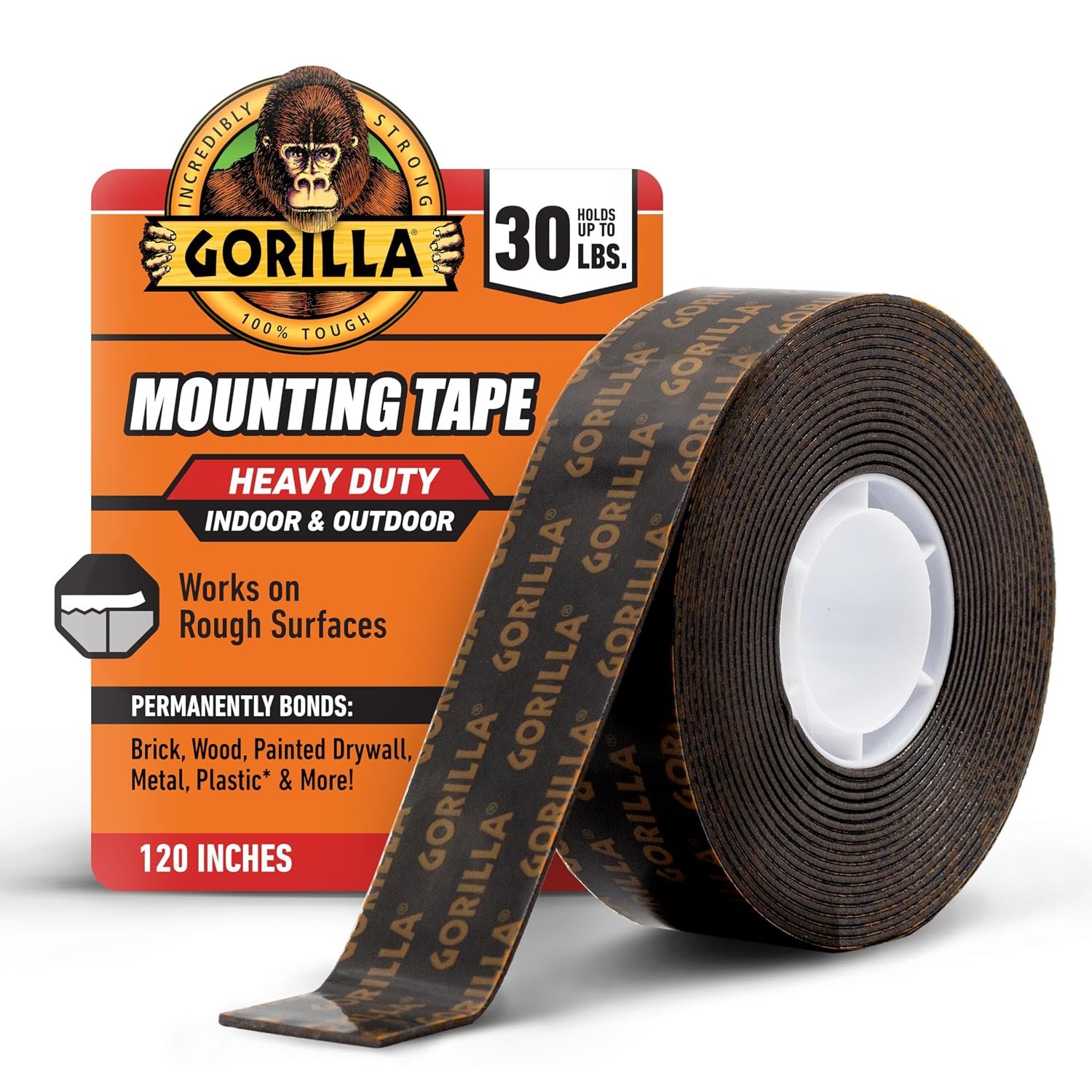 Gorilla Heavy Duty Double Sided Mounting Tape, 1″ x 120″ (Pack of 1) Holds up to 30lbs, Industrial Strength Adhesive for Homework Stations, Classroom Setup & Student Projects, Indoor & Outdoor