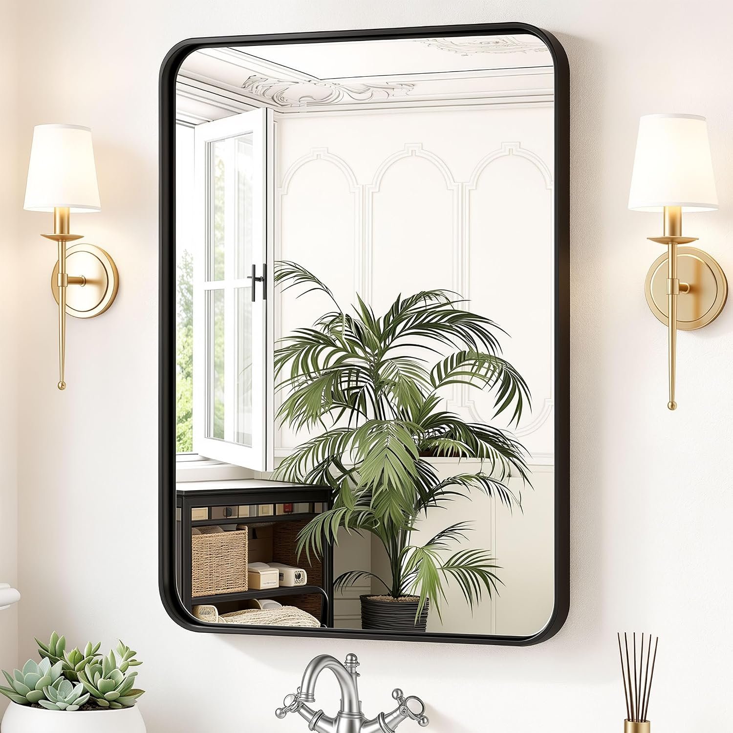 Sweetcrispy Bathroom Wall Mirror, 36×24 Inch Mirror for Over Sink, Black | Modern Wall Mount Vanity Mirror, Rounded Rectangle with Matte Brush Metal Framed, for Home Decor, Living Room, Bedroom