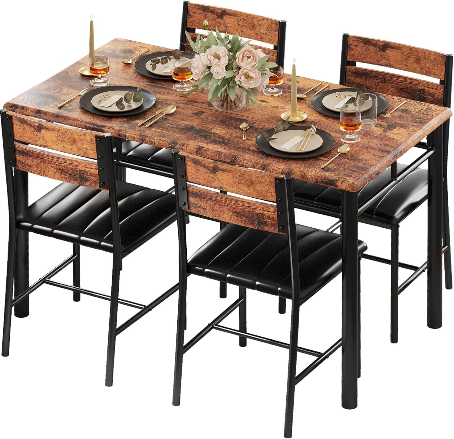 IRONCK Dining Table Set for 4, Rustic Brown | Wood Kitchen Table with Upholstered Chairs for Kitchen Room and Small Spaces