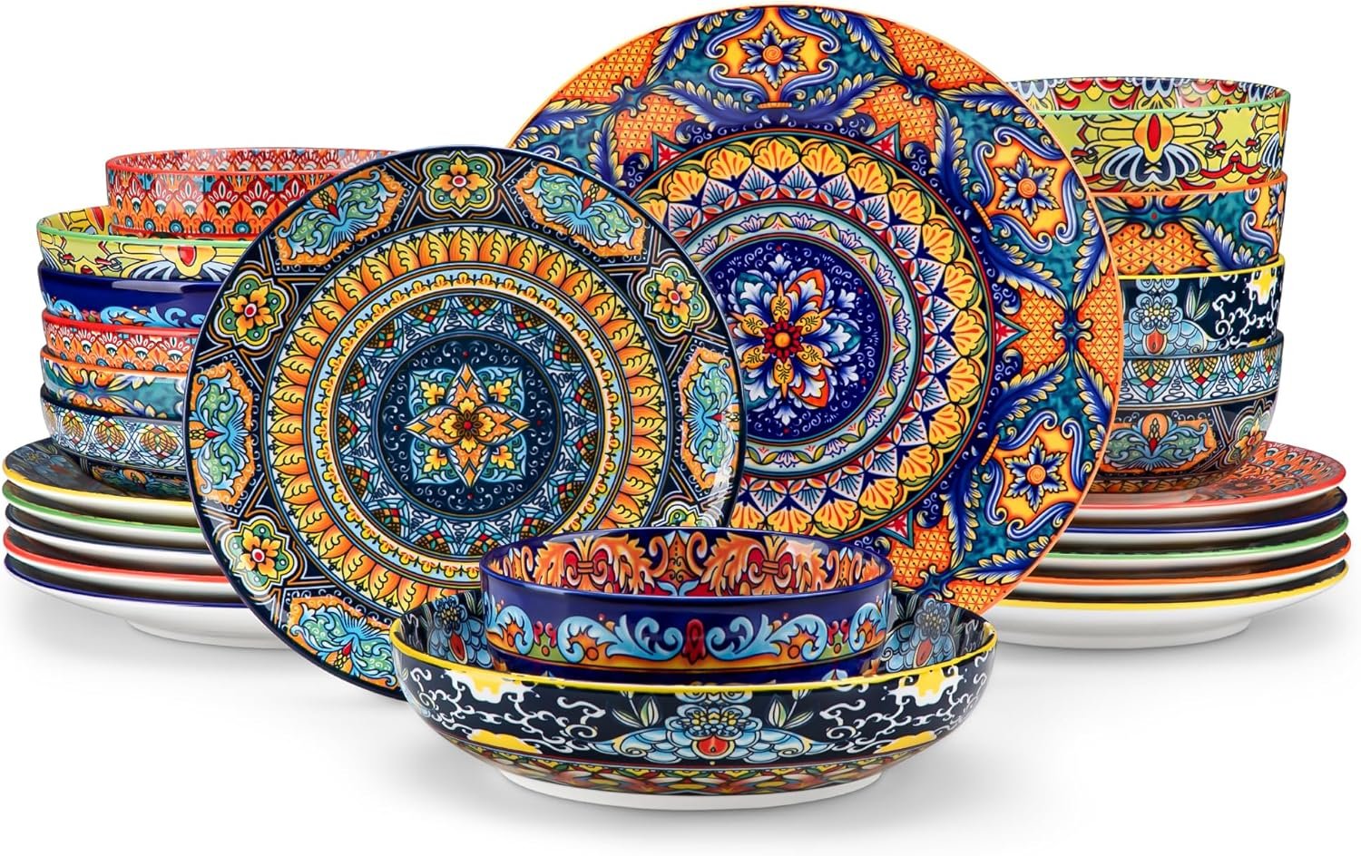 vancasso 24-Piece Dinnerware Sets,Plates & Bowls Sets Service for 6, Bohemian Porcelain Dishes Set for 6, Kitchen Dinner Set,Microwave & Dishwasher Safe, Scratch Resistant,Series KRVI