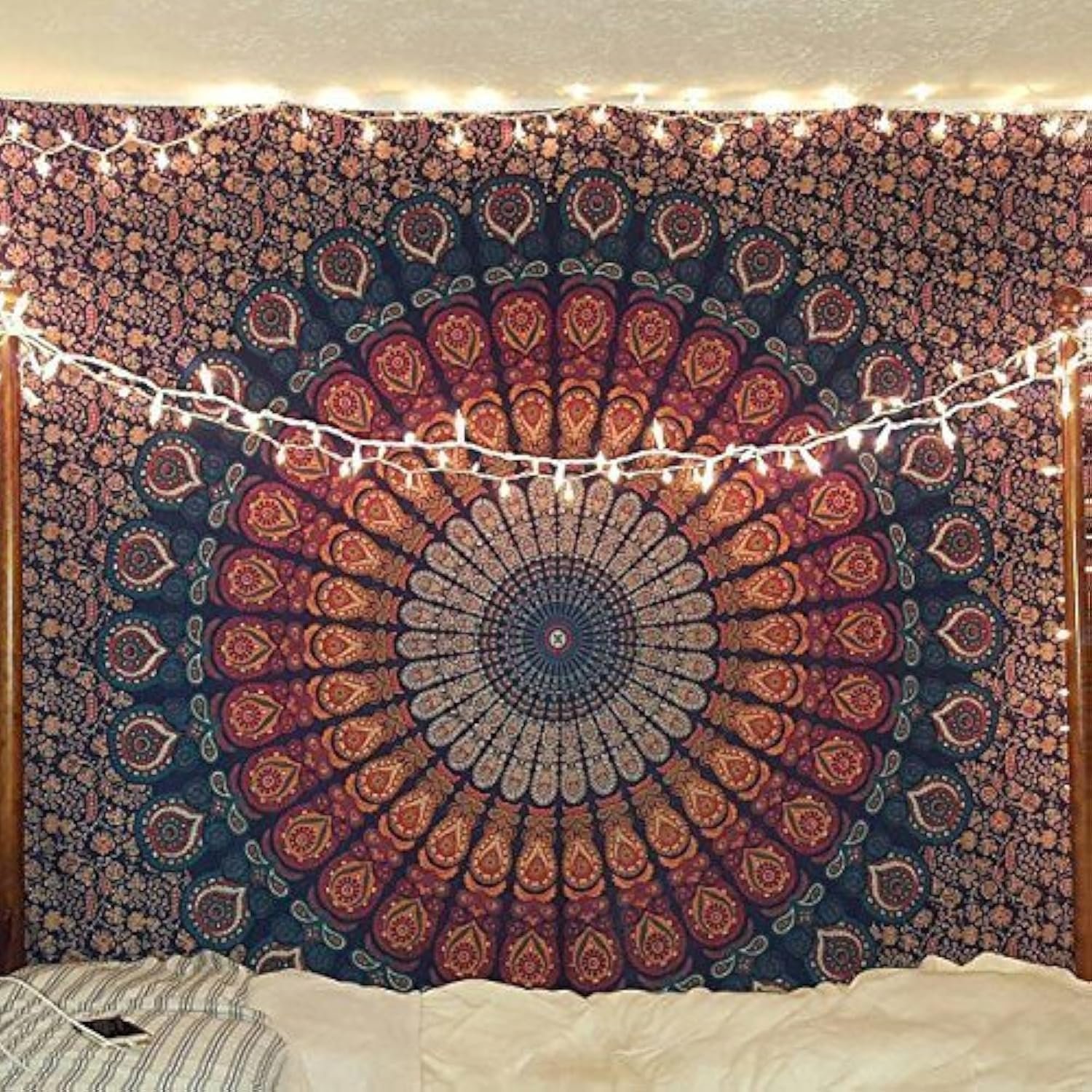 Bless International-Organic-Cotton-Golden-Blue-Handmade-Mandala-Tapestry | Poster-76x101Cms-30×40″ Indian-Hippie-Bohemian-Psychedelic-Peacock-Wall-Hanging College-Dorm-Beach-Throw-Table-Cloth-Bedding