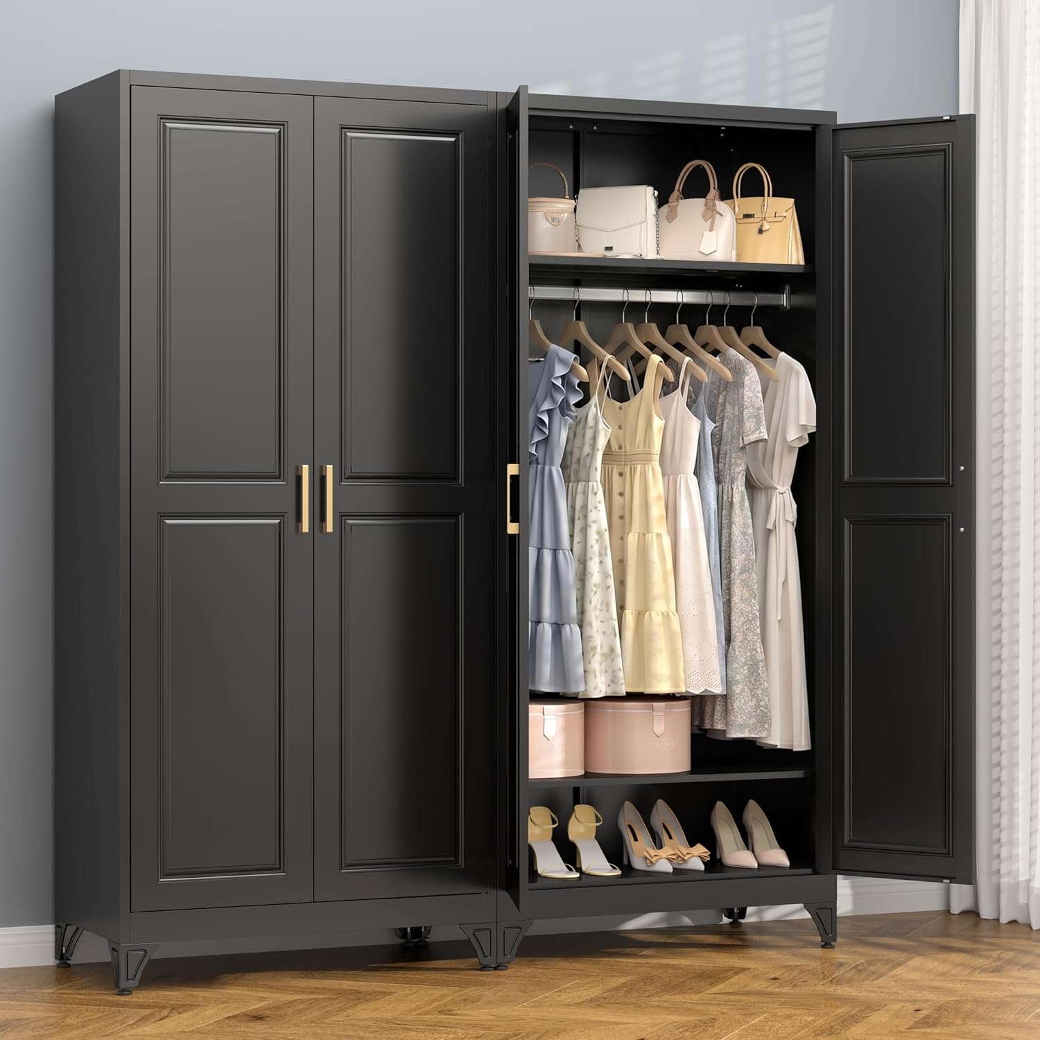 Polup 71″ Metal Armoire Wardrobe Closet with Doors and Adjustable Shelves | Freestanding Tall Clothing Storage Cabinet, Heavy Duty, Hanging Rod, Magnetic Closure, for Bedroom, Office, Garage, Black
