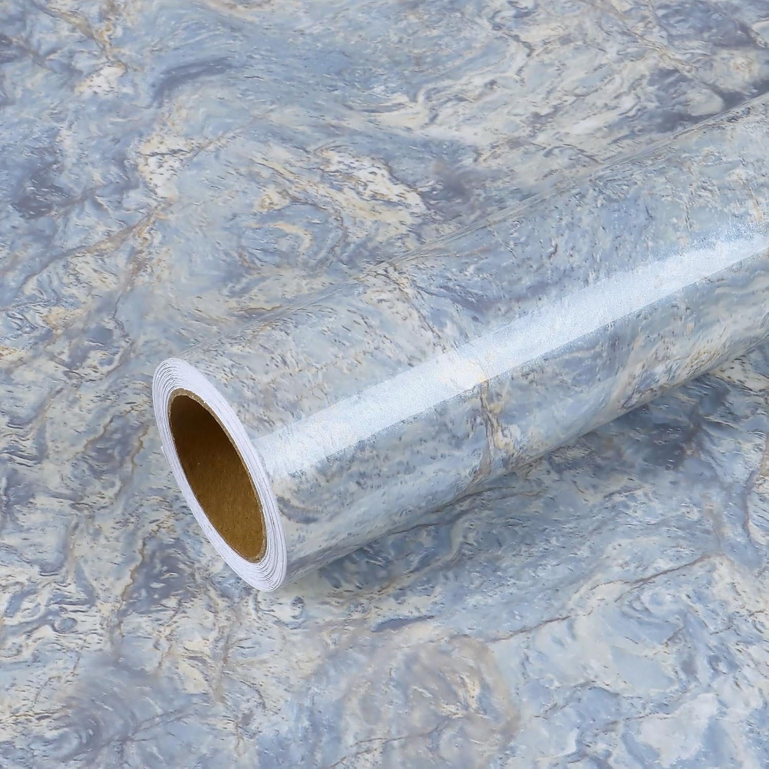 VEELIKE Cream Blue Marble Contact Paper for Countertops Waterproof Peel and Stick Glossy Marble Wallpaper for Kitchen 15.7”x118” Self Adhesive Countertop Vinyl Wrap for Walls Desk Table Bathroom