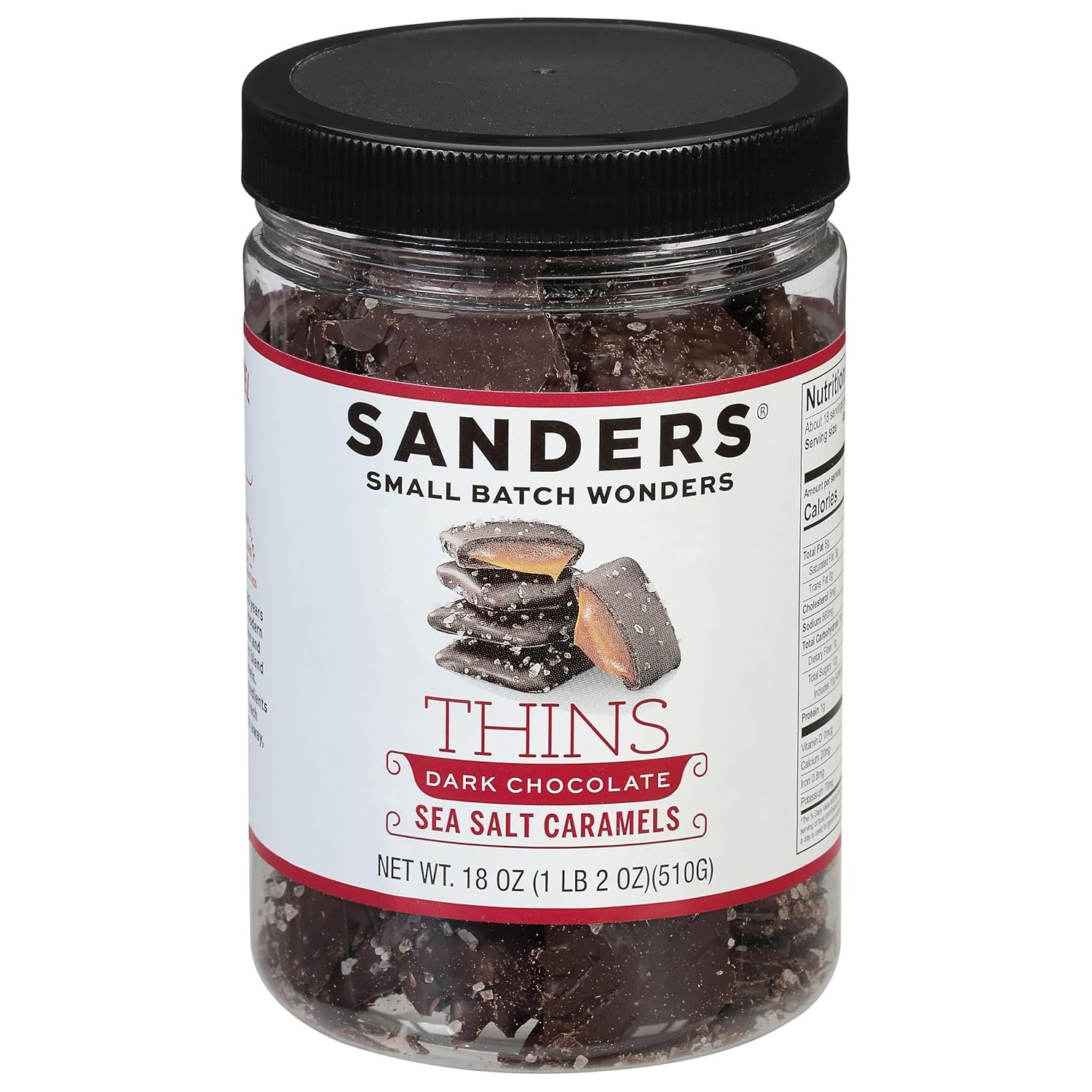 Sanders Dark Chocolate Sea Salt Caramel Thins – 18 oz. Tub