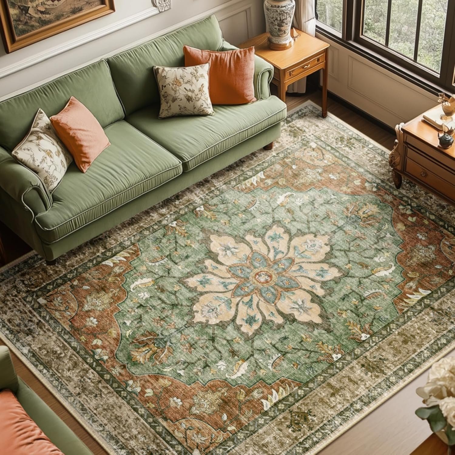 RELEANY Washable Area Rug, 8’x10′, Brick/Brown/Green | Non-Slip, Water Repellent, Pet Friendly, Easy to Clean, Vintage Floral Boho Decor for Living Room Bedroom Dining Room