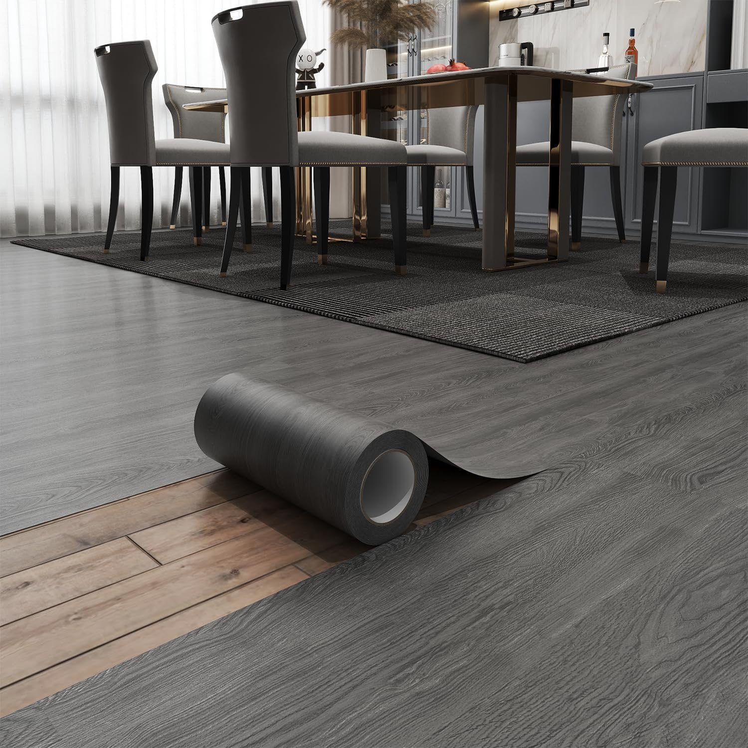 Peel and Stick Floor Tile 11.8” x 590” Vinyl Flooring Roll Cover 48.4 Sq.Ft. Waterproof Scratch-Resistant DIY Self-Adhesive PVC Wood Flooring for Renter, Kitchen, Bathroom, RV, Grey