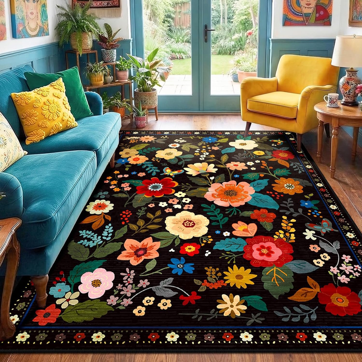 RELEANY Floral Washable 5×7 Area Rugs Black | Flower Carpet Print Boho Cute Non Slip Low Pile for Living Room Bedroom Kitchen Office Entryway Hallway Entrance Farmhouse