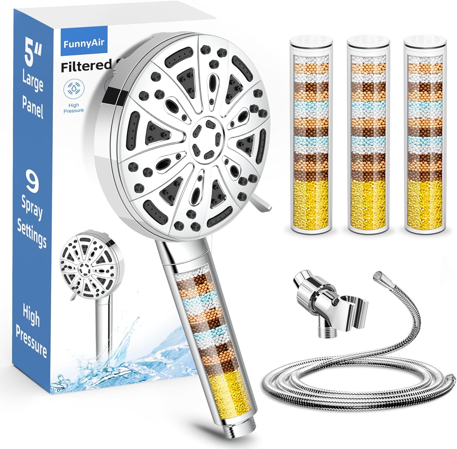 Filtered Handheld Shower Head, 9 Spray Modes High Pressure, 3 Replacement Filters Included, Hard Water Softener 20-Stage Filtration, Remove Chlorine, Relieve Dry Itchy Skin, 3 Filters-Chrome