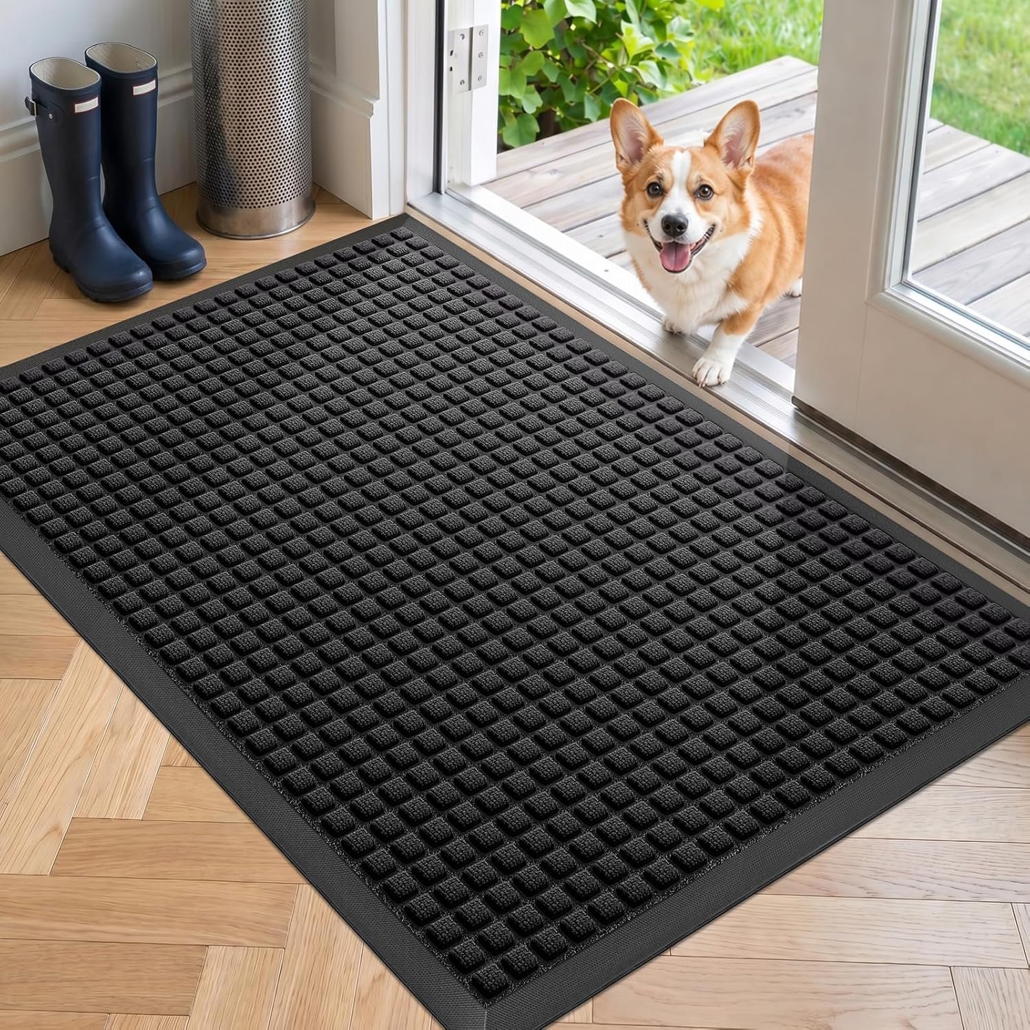 Front Door Mat Outside Entrance, Heavy Duty Waterproof Doormat | 29.5″x17″ Indoor/Outdoor Dirt Trapper with Non-Slip Rubber Backing, Low Profile Easy Clean, Stain & Fade Resistant Black