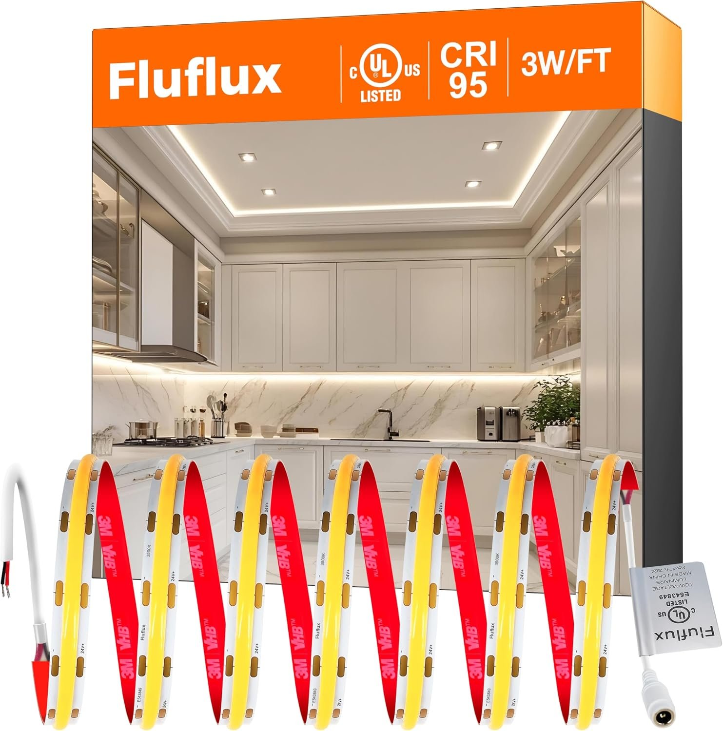 COB LED Strip Lights Neutral White 3500K, 24V DC Premium Tape Light with Strong 3M VHB Tape, CRI 95, UL Listed, Cuttable, Dimmable, for Living Room, Stairs, Shelves (NO Power Supply)