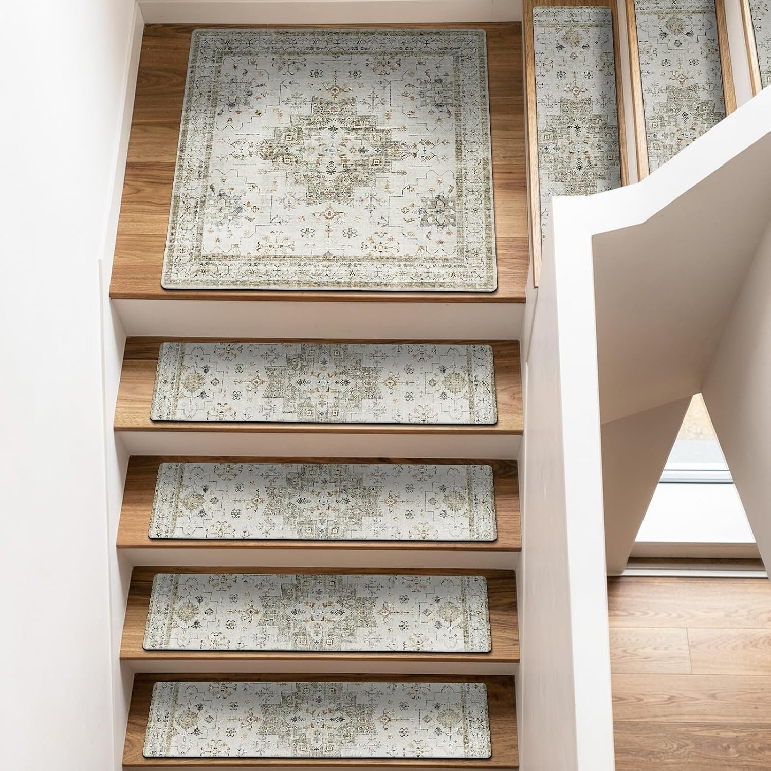 15PCS 8″X30″ Stairs Treads and 1PC 31″X31″ Landing Mat Stair Carpet | Vintage Non Slip Stair Runners for Wooden Steps Indoor Rubber Stair Mat Staircase Step Treads for Kids & Dogs, Beige