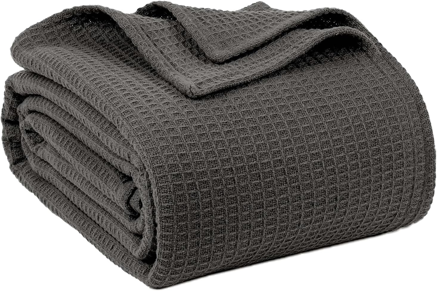 100% Cotton Blankets for Bed – Waffle Weave Blankets for Summer, Lightweight and Breathable Soft Woven Blanket for Spring (Dark Grey, Queen (90″ x 90″))