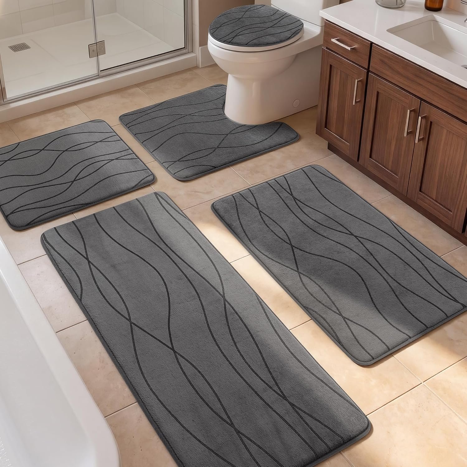 YIHOUSE Bathroom Rugs Set 5 Piece, Memory Foam Bath Mat Dark Grey | Ultra Soft, Absorbent, Non-Slip, Machine Washable, for Bathroom, Sink and Toilet