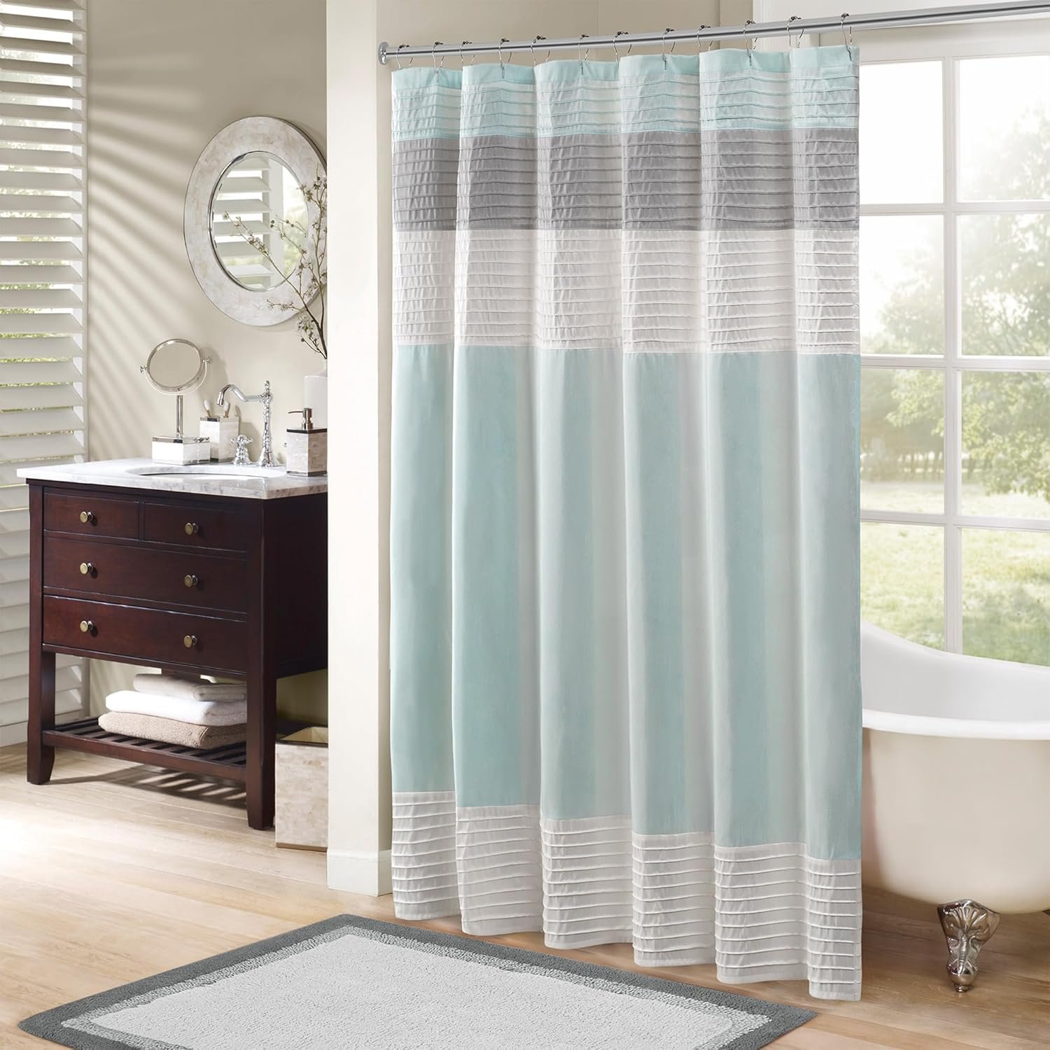 Madison Park Amherst 72 x 72 Bathroom Shower Curtain, Faux Silk, Aqua | Modern Classic, Light Sheen, Pieced, Striped, Microfiber, Machine Washable, OEKO-TEX Certified, Amherst