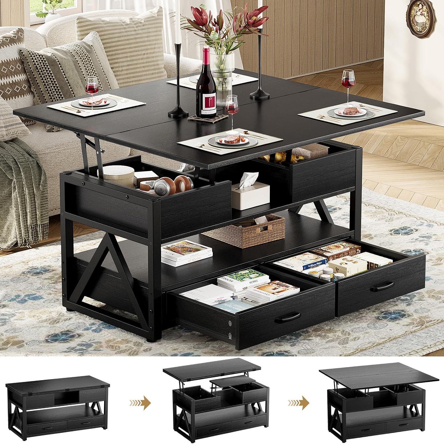 Memobarco 40″ Lift Top Coffee Table with Storage,Black | 4 in 1 Multi-Function Lifting top Coffee Tables with Storage Drawers and Hidden Compartmen,for Living Room