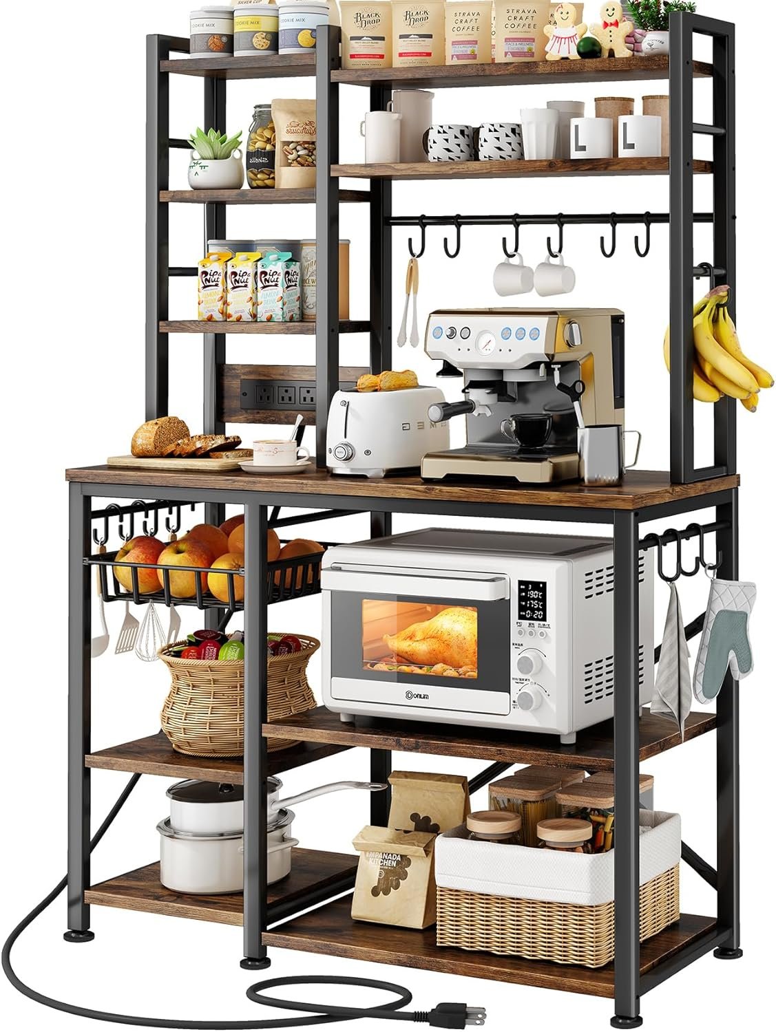 SNTD 6-Tier Bakers Rack with Power Outlets, 36 x 14.6 x 72 in, Rustic Brown | Large Capacity for Small Appliances, Stable Metal Frame with Wood Shelves, Pull-Out Basket, 14 Hooks